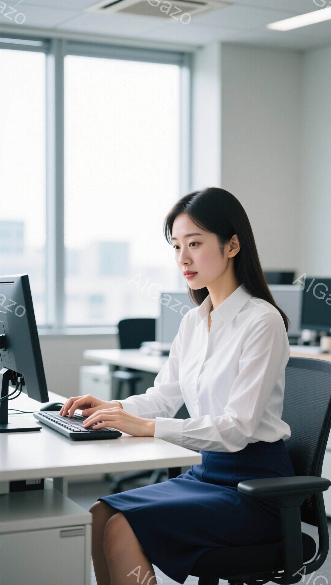 白いシャツと濃い青色のスカートを身に着けた女性が、オフィスでパソコンに向かってタイピングしている。彼女は黒髪でストレートヘア、少し微笑んでいるように見える。背景はオフィスで、他のデスクや窓が見え、全体的に清潔でプロフェッショナルな雰囲気が漂っている。