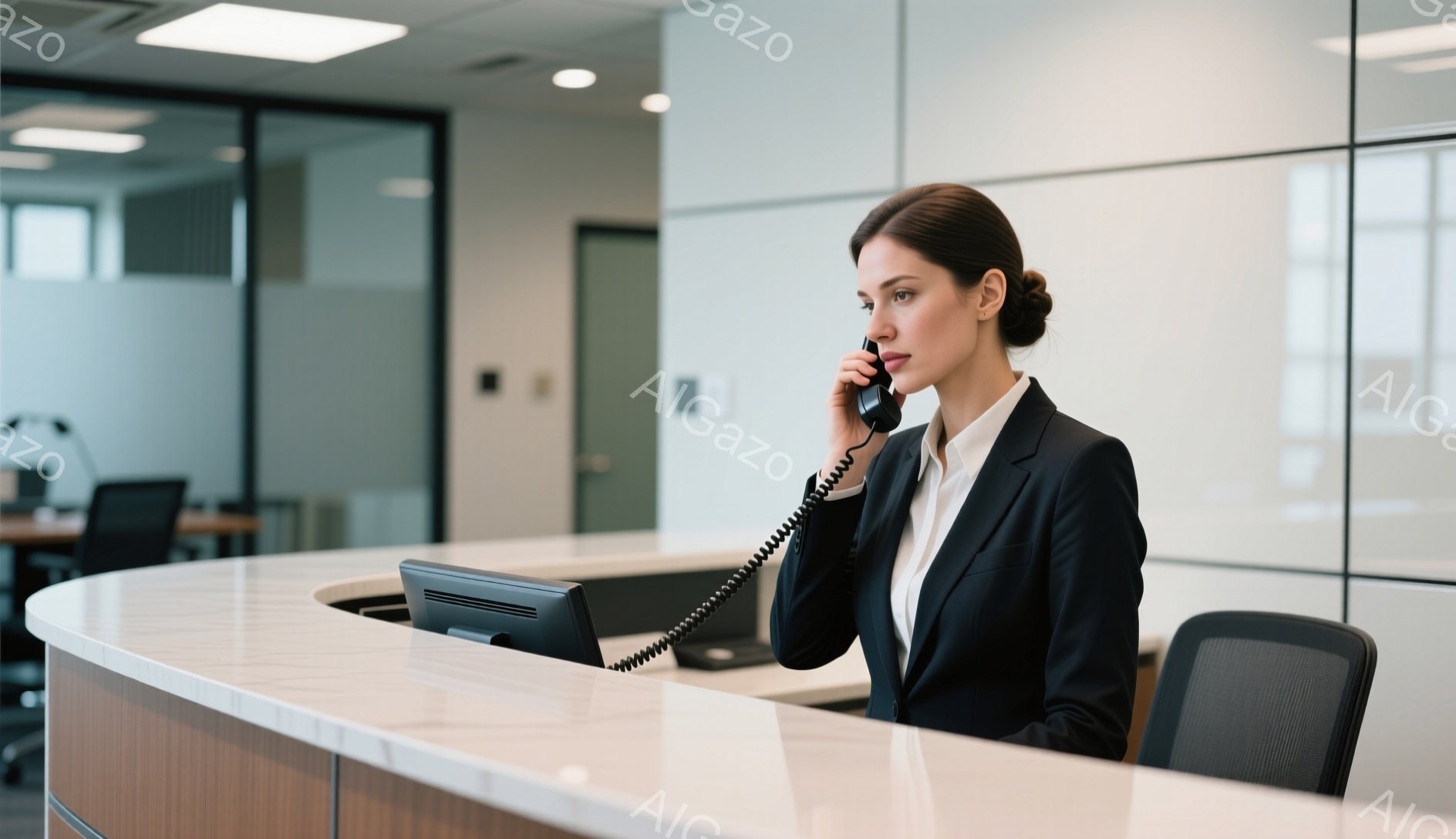 一人の女性が受付カウンターに座り、電話を受けている。彼女は黒いスーツと白いシャツを着ており、髪はきっちりと後ろで束ねられている。背景にはオフィスの一角が映っており、白を基調とした清潔感のある空間が広がっている。