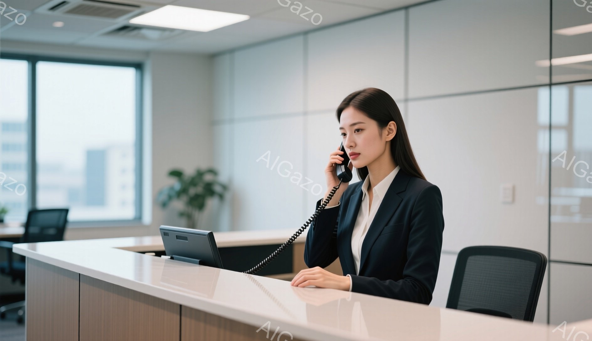 黒いジャケットと白いシャツを着た女性が、電話を受けている様子が写っています。彼女は前髪を分け、落ち着いた表情で、レセプションカウンターに座り、やや前かがみの姿勢で電話機を持っています。背景はオフィスで、明るい窓から自然光が差し込み、清潔感があり、プロフェッショナルな雰囲気が漂っています。