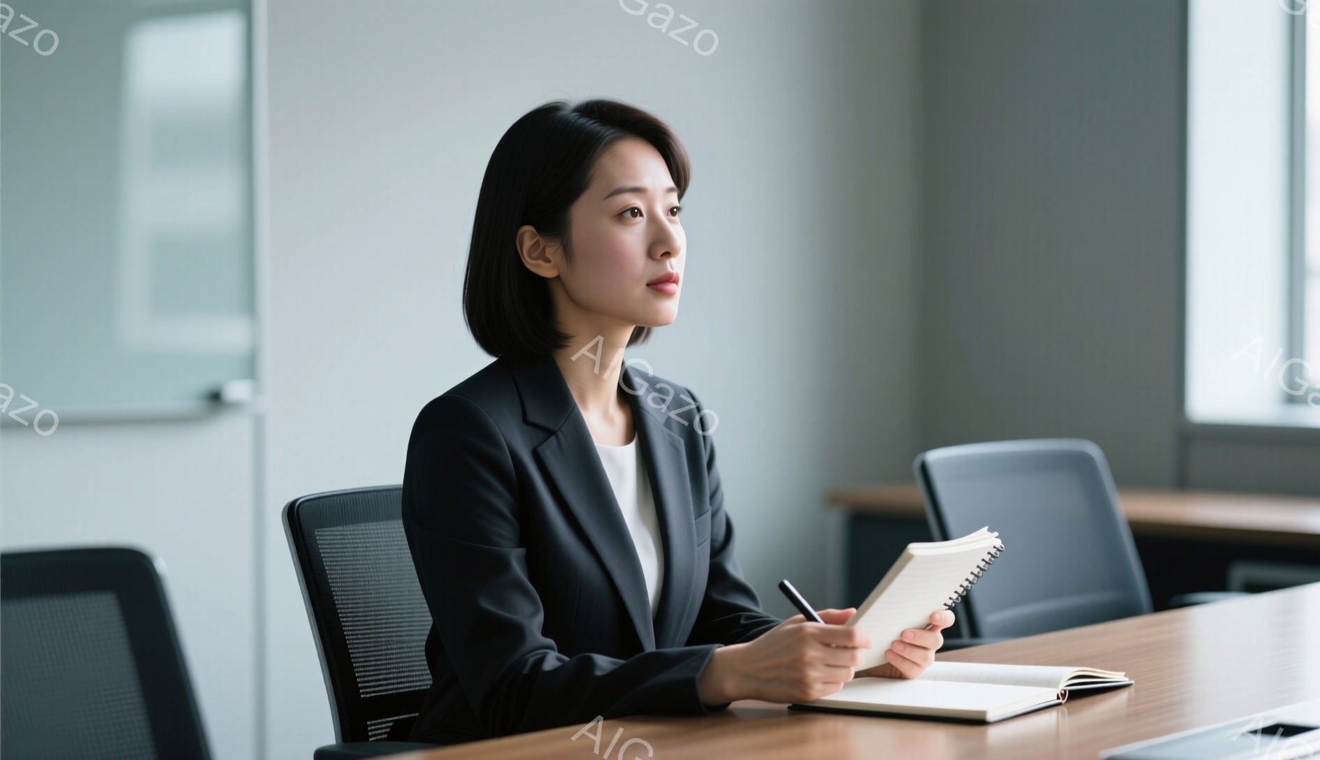 黒いジャケットと白いシャツを着た女性が、木のテーブルに座ってノートに何かを書き込んでいる。彼女は短髪で、少し考え込んでいるような表情をしている。背景には会議室の椅子と白いボードが見え、全体的に落ち着いた雰囲気である。