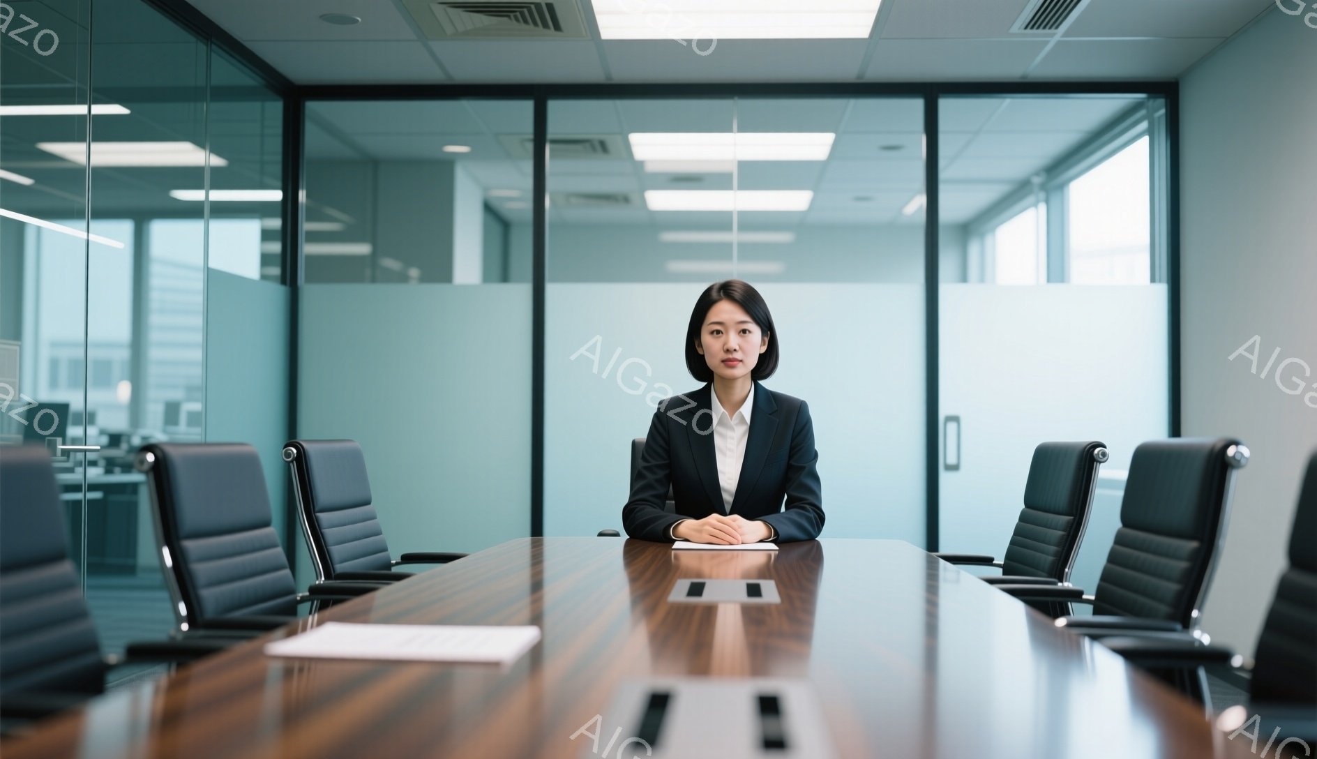 紺色のスーツに身を包んだ女性が、磨かれた木製の会議テーブルの前に座っている。彼女は髪を後ろにまとめ、真剣な表情で正面を見つめている。背景にはガラス張りのオフィスと、手前に並んだ黒い椅子が広がり、落ち着いた雰囲気のビジネスシーンが演出されている。