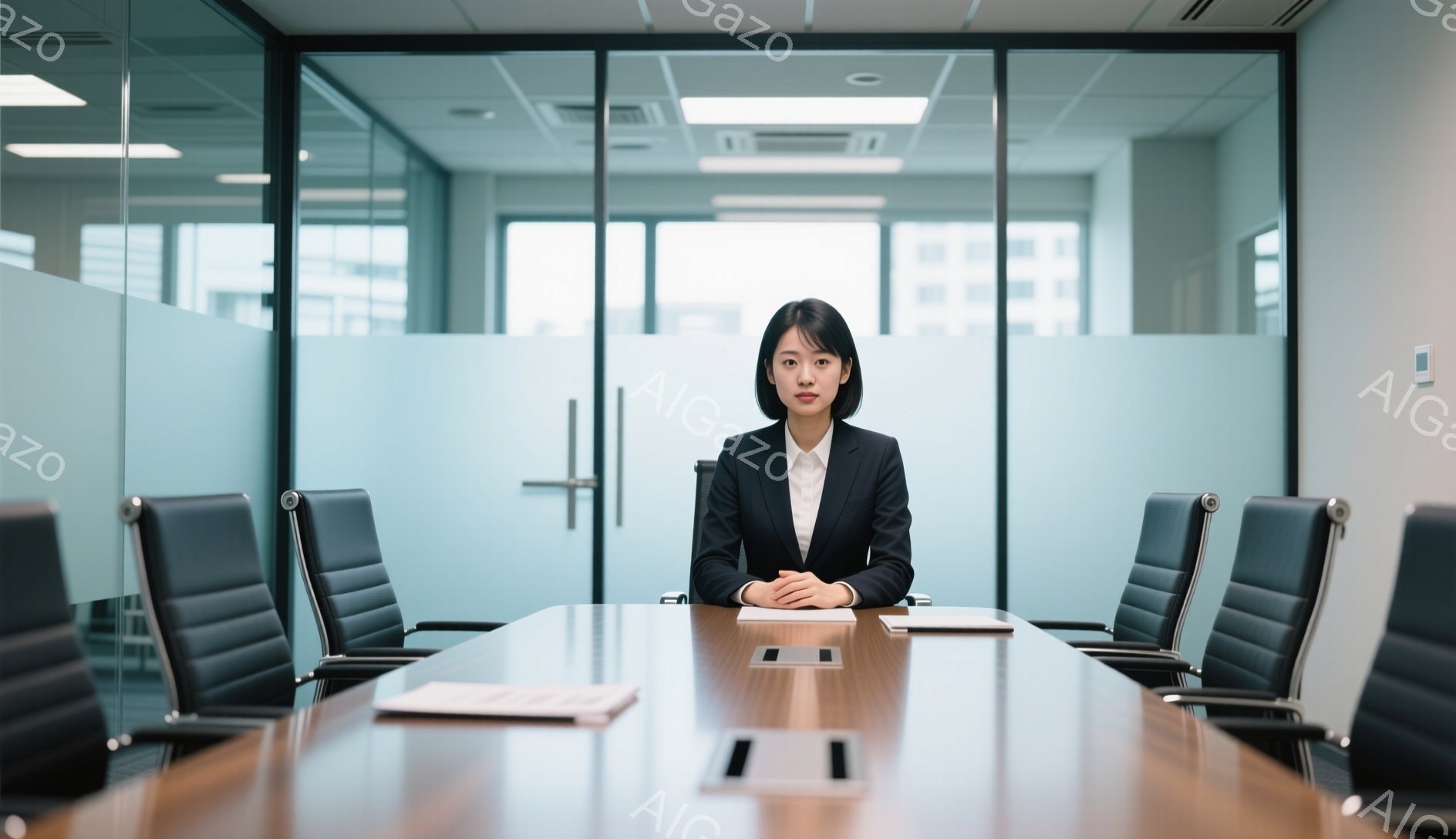 若い女性が、広い会議室のテーブルの中央に座っています。黒いジャケットと白いシャツを着ており、髪は後ろでまとめています。表情は落ち着いており、両手を組んでテーブルに置いているため、真剣でプロフェッショナルな雰囲気が漂っています。