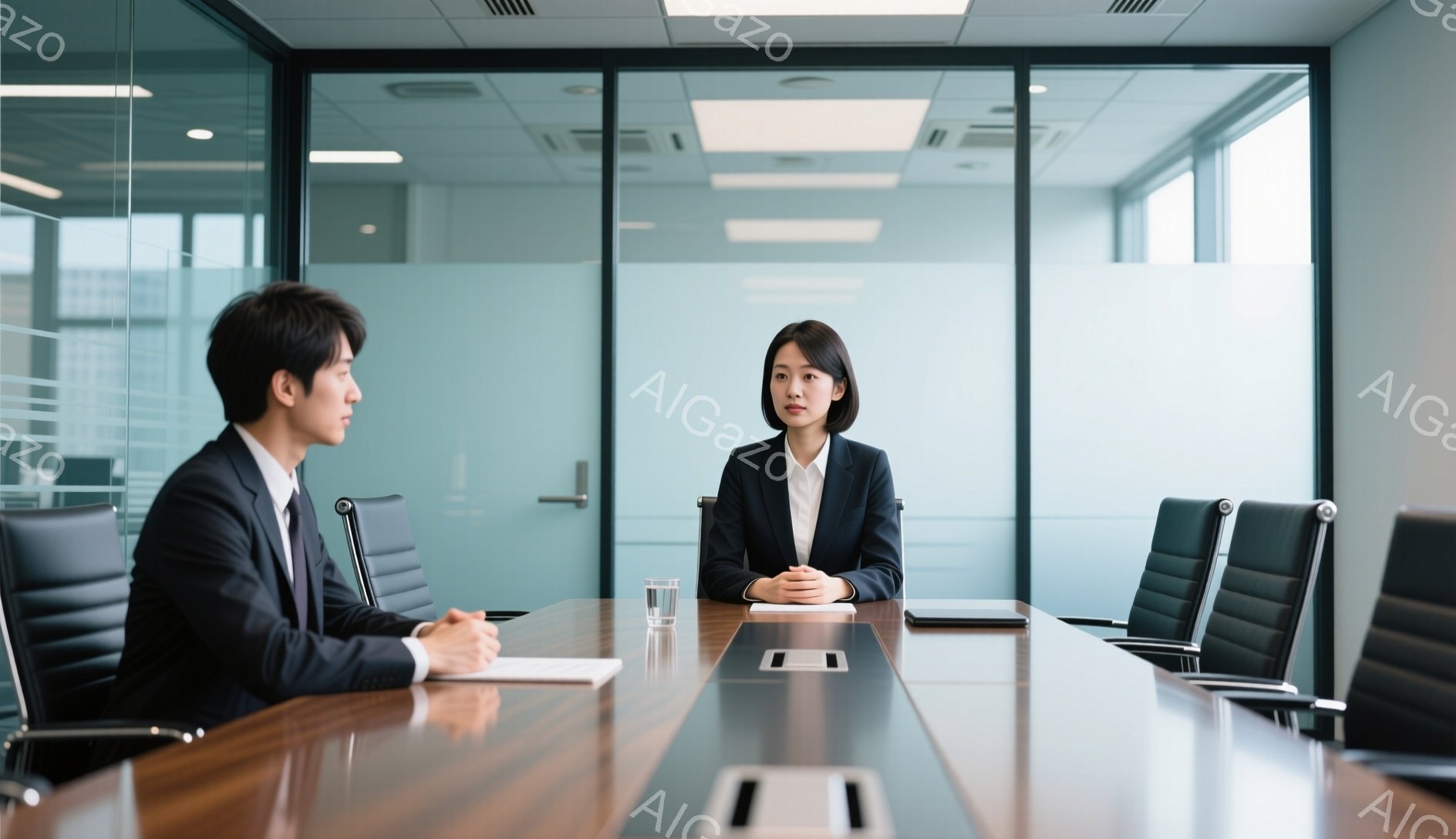 ビジネススーツを着た若い男性と女性が、磨かれた大きな木製の会議テーブルを挟んで向かい合って座っています。男性はネクタイを締め、女性は黒髪を後ろにまとめ、どちらも落ち着いた表情で、書類やメモを見ている様子です。背景はガラス張りの壁で、明るい光が差し込み、現代的なオフィス空間の雰囲気です。