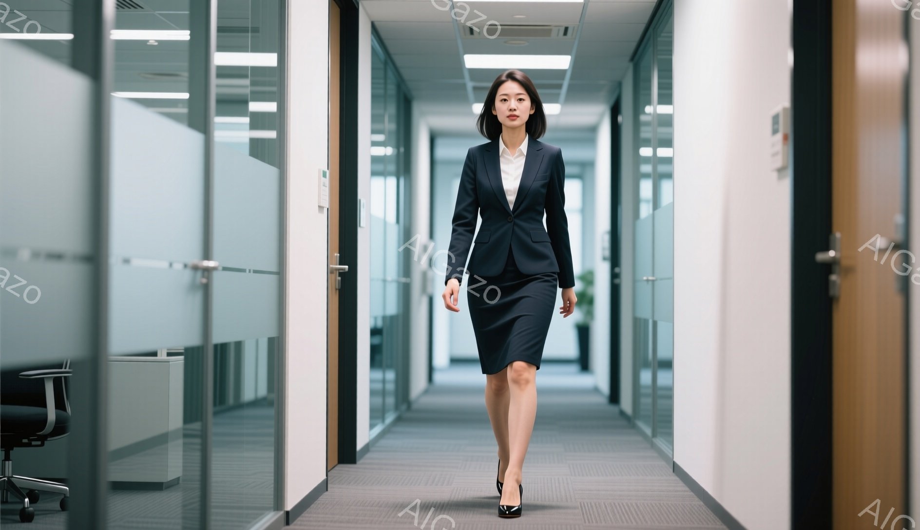 スーツ姿の女性が、オフィス内の廊下をまっすぐ歩いている。黒いジャケットと膝丈のスカート、黒いパンプスを着用し、髪は後ろでまとめており、表情は真剣で落ち着いている。廊下はガラス張りのオフィス区画に挟まれ、白い壁とグレーのカーペットで統一感があり、清潔でプロフェッショナルな雰囲気が漂っている。