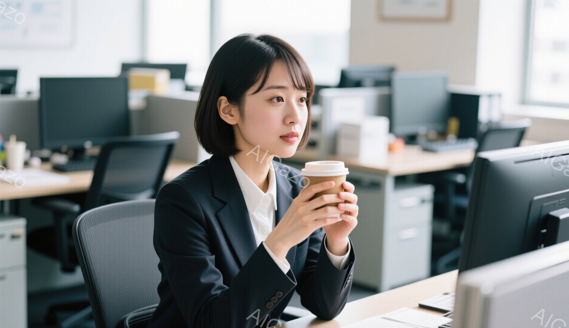 短い黒髪の女性が、オフィスでコーヒーカップを手に、わずかに微笑んでいます。 黒いジャケットと白いシャツというビジネススタイルで、少し考え込んでいるような表情をしています。 背景には他のオフィスワーカーやデスク、キャビネットが見え、明るく清潔なオフィス環境が窺えます。