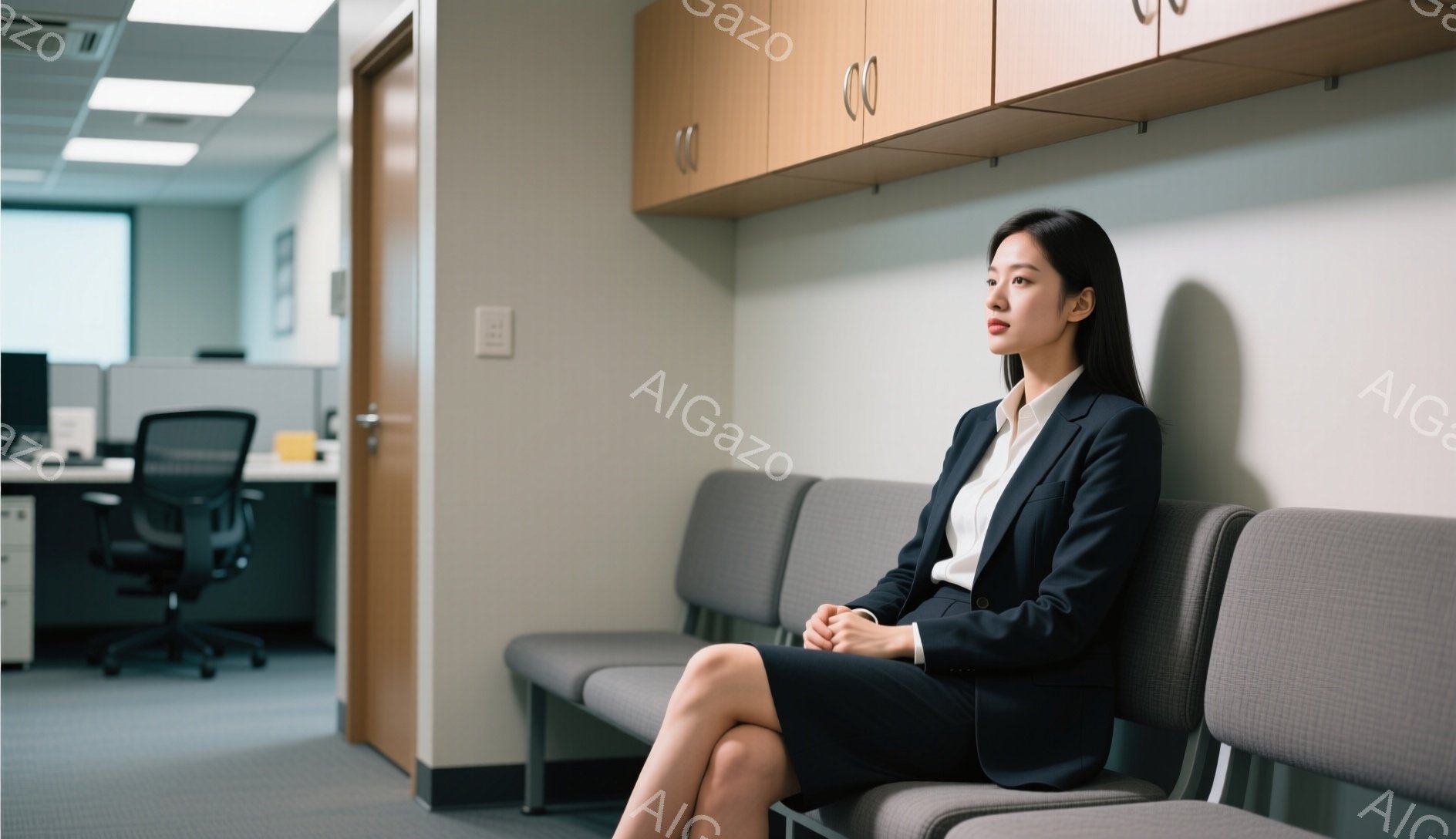 黒いスーツと白いシャツを着た女性が、病院やオフィスの待合室のような場所で、灰色の椅子に座って何かを待っている様子が写っている。彼女は真剣な表情で、足を組み、少し前を向いており、緊張感や不安を漂わせている。背景には、事務机、キャビネット、ドアが見え、室内は明るく清潔な印象を与える。