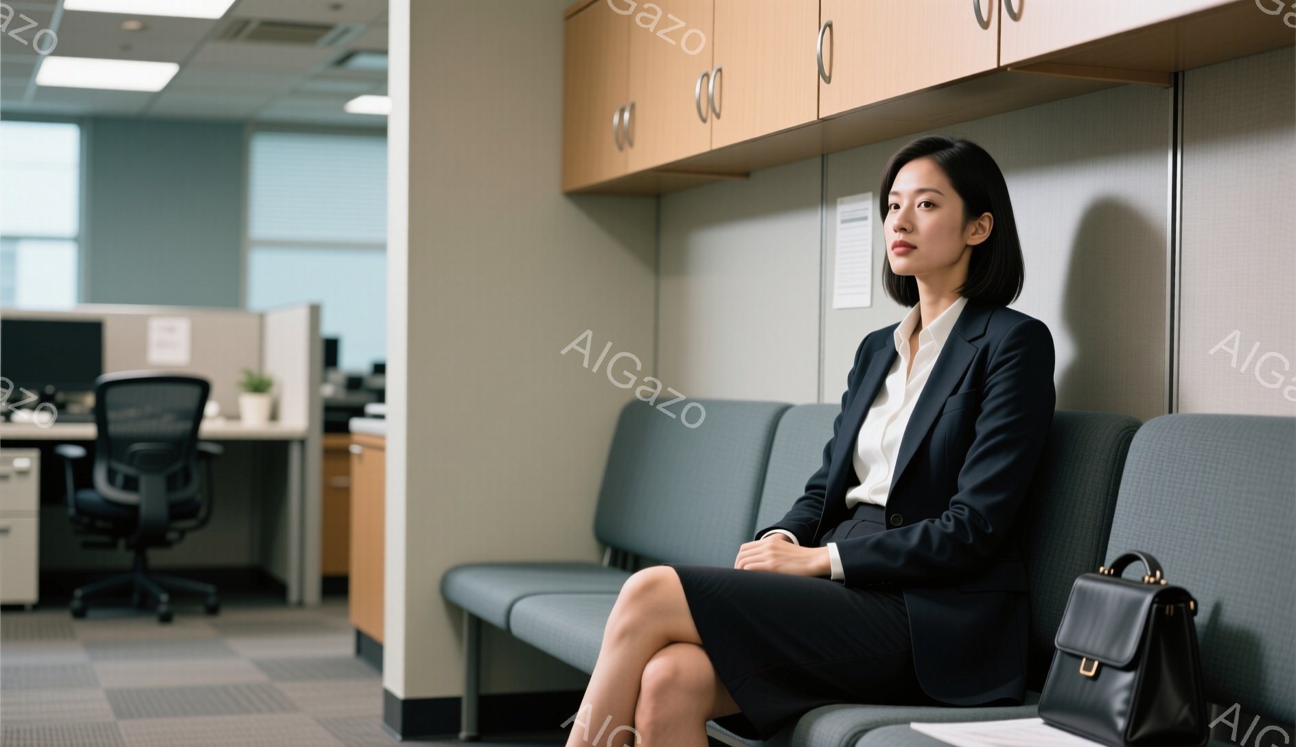 黒いスーツに身を包んだ女性が、オフィスのような待合室でソファーに座っています。彼女は黒いストレートヘアで、少し憂いのある表情をしています。背景にはオフィス家具や書類棚が見え、室内は明るく清潔な印象を与えます。