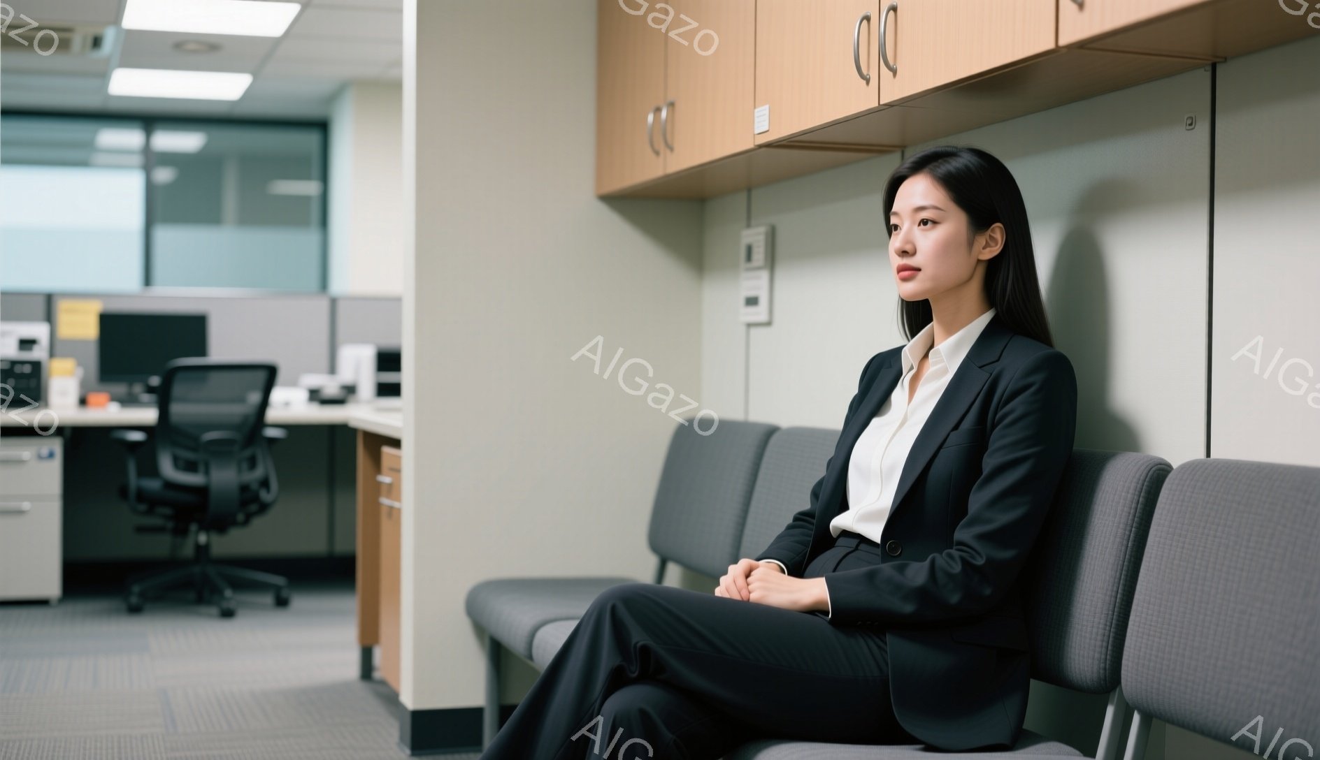 画像には、オフィスの一角に座る女性が写っている。彼女は白いシャツに黒いスーツを着ており、髪は後ろでまとめて落ち着いた印象を与えている。やや憂いを含んだ表情で遠くを見つめ、リラックスしながらもどこか緊張した雰囲気を漂わせている。