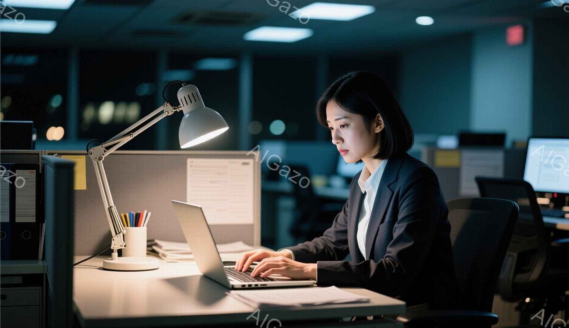 彼女はオフィスでパソコンに向かい、真剣な表情でタイピングをしている。黒いショートヘアで、黒いジャケットと白いシャツを着ており、集中して仕事に取り組んでいる様子が伺える。背景はオフィスの一角で、他のデスクや書類が見え、薄暗い照明が夜遅くまで働く人々の雰囲気を強調している。