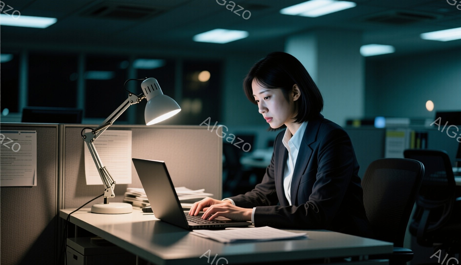 女性はオフィスでパソコンに向かって作業をしている。黒髪のショートヘアで、黒いジャケットと白いシャツを着ており、集中した表情でキーボードを叩いている。背景はオフィスの一角で、他のデスクやパーティションが見え、薄暗い照明が徹夜作業の雰囲気を醸し出している。