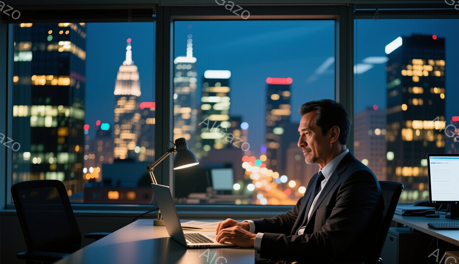 スーツを着た男性が、夜の都市を見下ろせるオフィスでノートパソコンを操作している。彼は真剣な表情でタイピングしており、姿勢はやや前かがみになっている。背景には、煌めく高層ビル群が広がり、夜空と一体化して都会の喧騒と洗練された雰囲気を醸し出している。