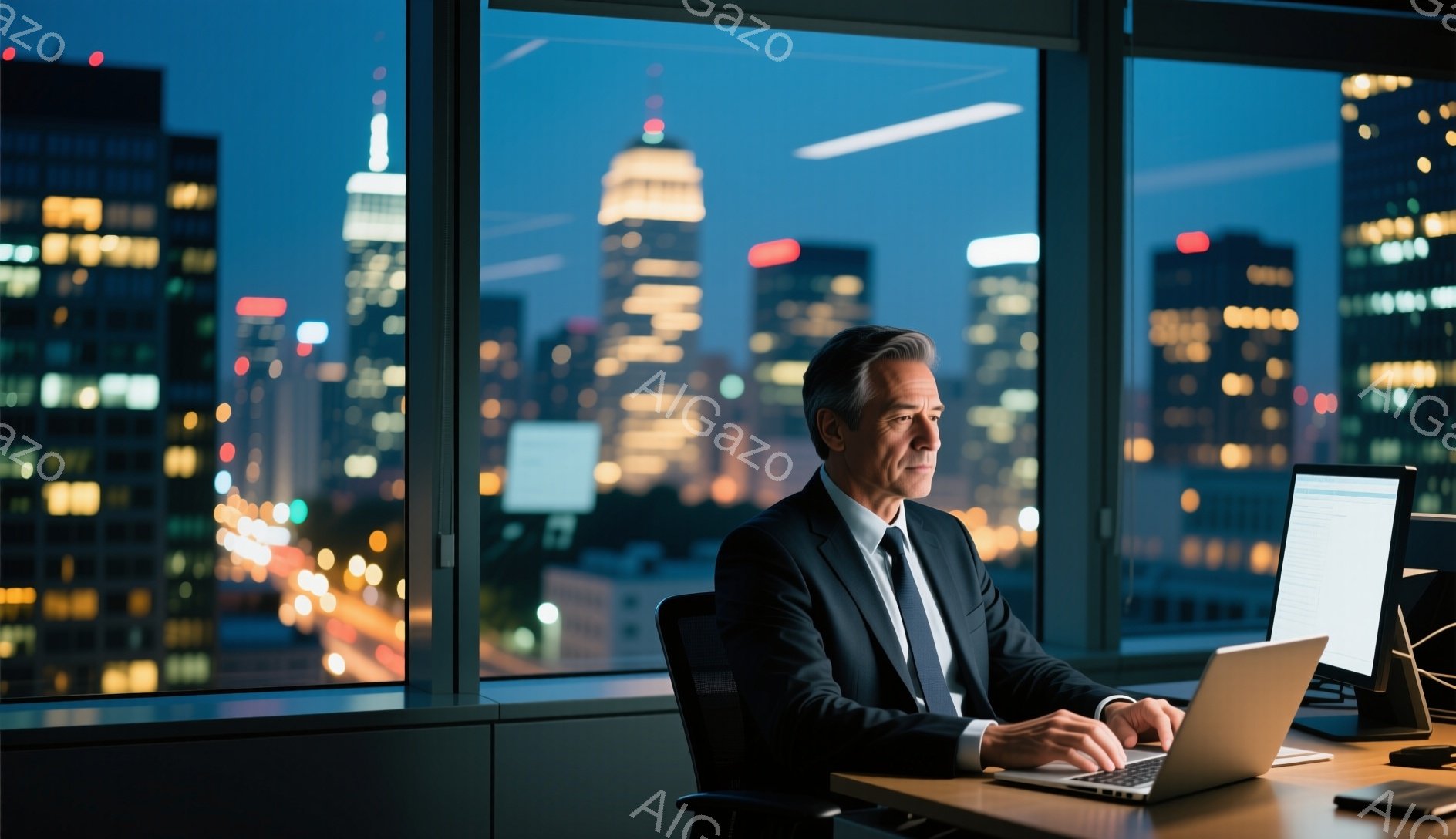 彼はダークスーツと白いシャツ、ネクタイを着用し、短く整えられた髪で、集中した表情でラップトップを操作している。背後には夜景が広がり、高層ビル群が光り輝き、都会の夜の雰囲気を醸し出している。全体として、彼は仕事に没頭し、夜遅くまで働くプロフェッショナルの姿を捉えている。