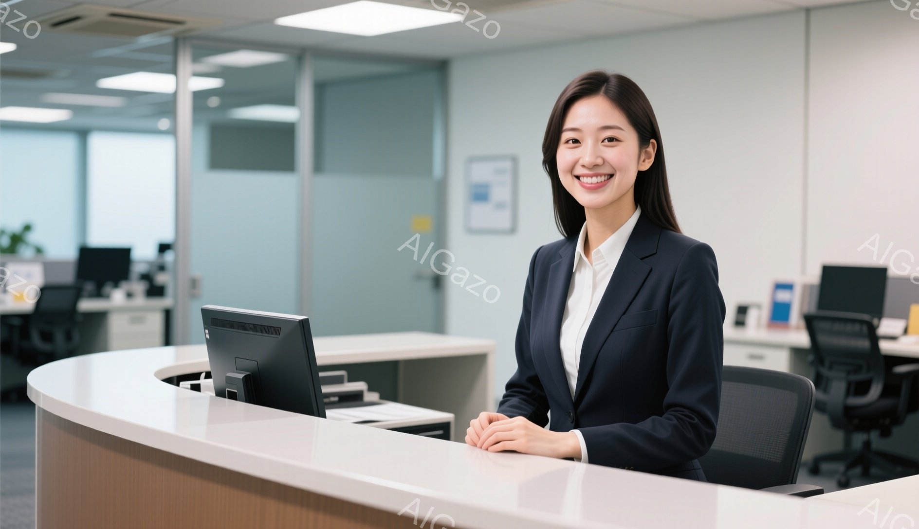 明るい笑顔の女性が受付カウンターに座っています。紺色のジャケットに白いシャツ、そしてシンプルなヘアスタイルで、プロフェッショナルな印象を与えています。背景にはオフィスがあり、白いデスクと椅子が並び、清潔感のある落ち着いた雰囲気です。