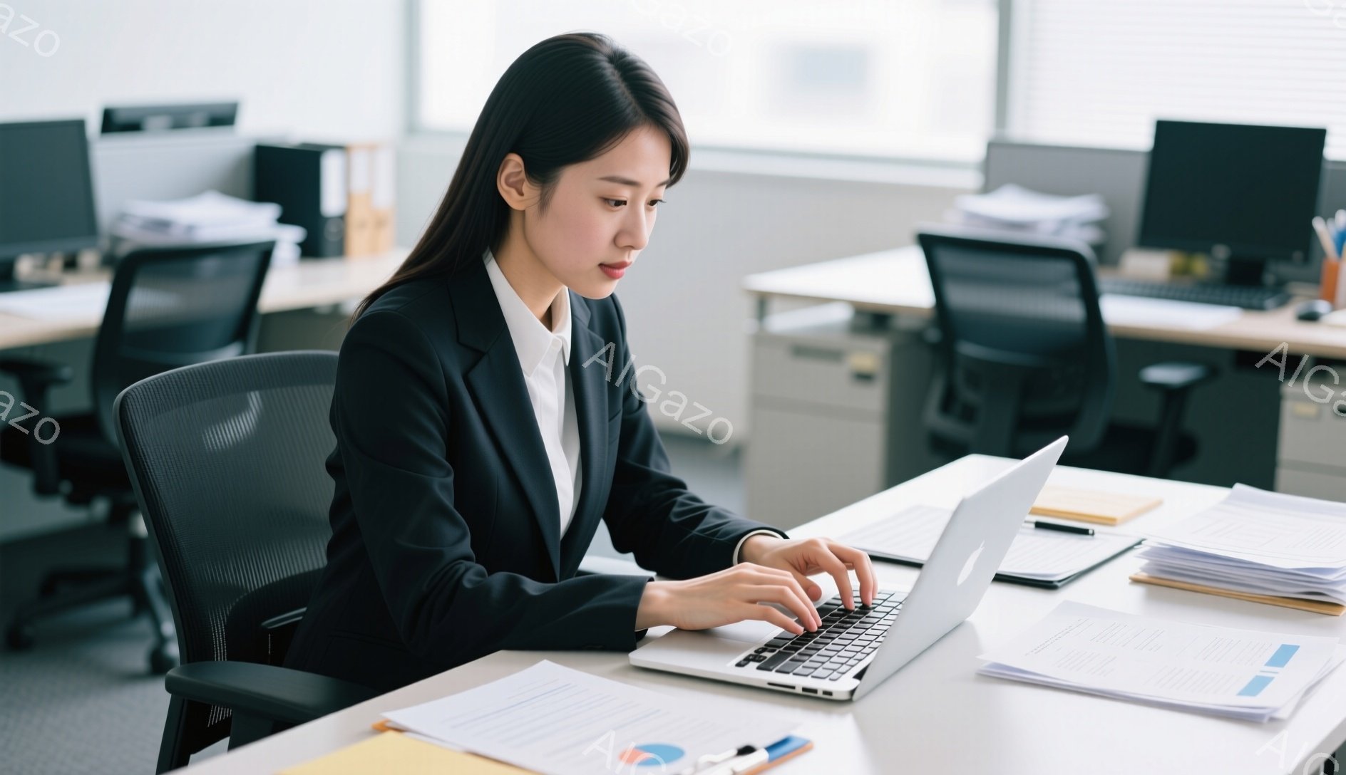 黒いスーツに白いシャツを着た女性が、オフィスでノートパソコンを操作している。彼女は集中した表情でキーボードを見つめ、背筋を伸ばして座っている。背景には他のオフィスワーカーやデスク、書類などが写っており、全体的に落ち着いた雰囲気のオフィス空間が広がっている。
