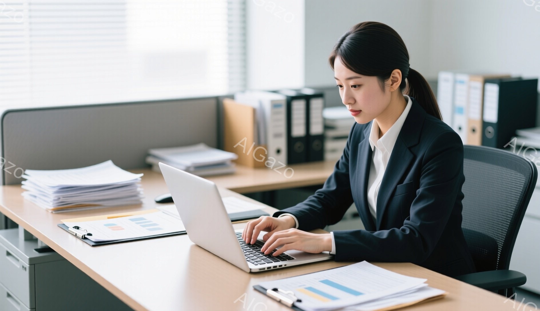オフィスで働く女性が写っている。彼女は黒いスーツを着ており、髪は後ろでまとめてある。集中した表情でノートパソコンを操作しており、周囲には書類の山とクリップボードが置かれている。