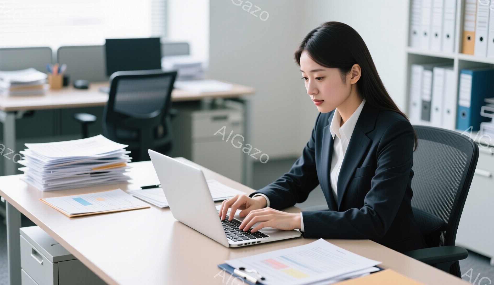 彼女はオフィスでノートパソコンを操作しており、黒いスーツジャケットと白いシャツを着ています。髪は長くストレートで、真剣な表情でキーボードを見つめています。背景には書類の山、白いキャビネット、他のオフィス家具があり、全体的に落ち着いた仕事風景です。