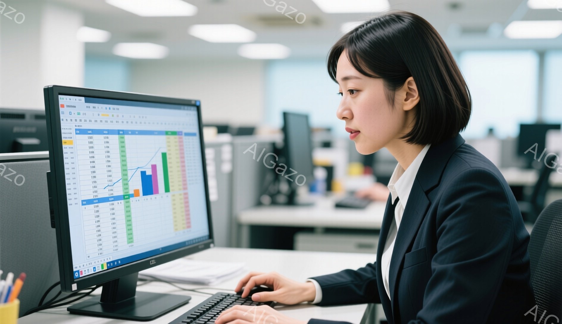 女性は黒いスーツと白いシャツを着て、オフィスでコンピューターに向かっています。彼女はショートヘアで、真剣な表情で画面のグラフと数字を確認しています。背景には他のコンピューターとオフィス環境が見え、全体的に仕事に集中している雰囲気です。