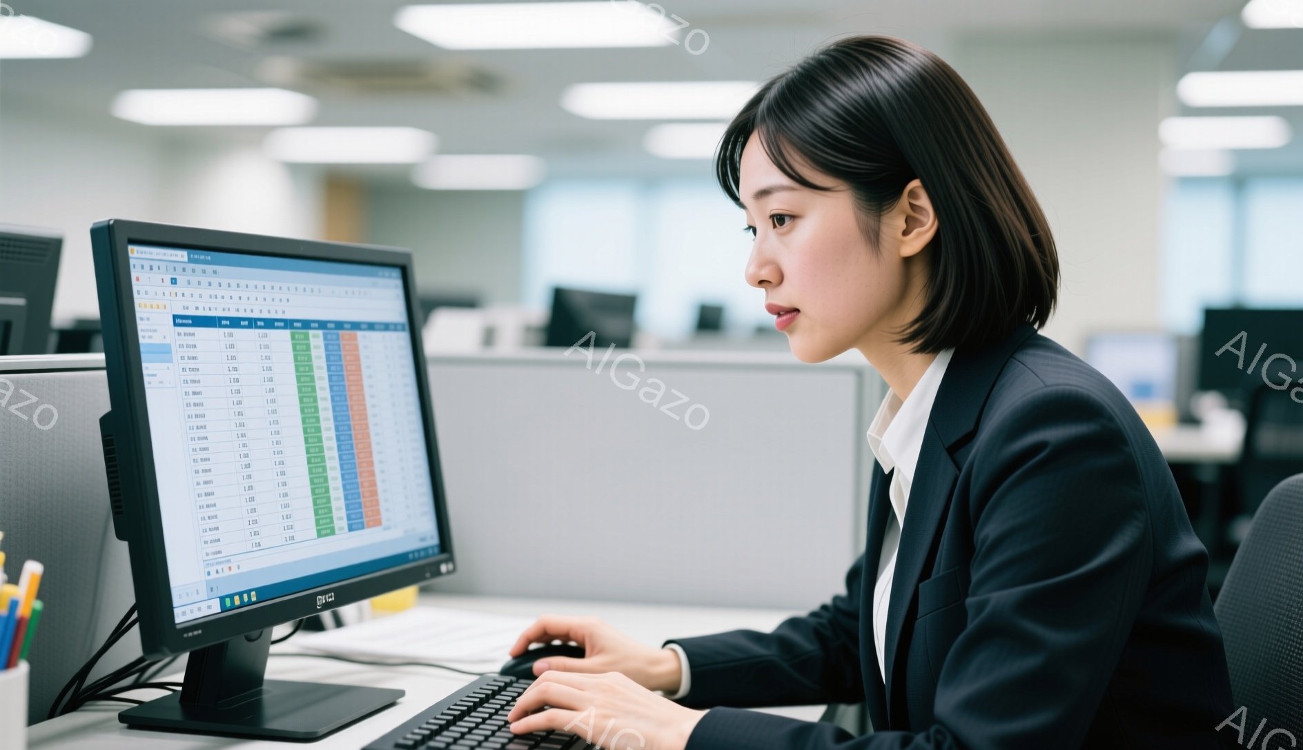 若い女性がオフィスでコンピューターに向かっています。彼女は紺色のスーツに白いシャツを着ており、髪は短くストレートで、真剣な表情で画面を見つめています。背景には他のコンピューターやオフィス家具が見え、全 - AI生成フリー素材