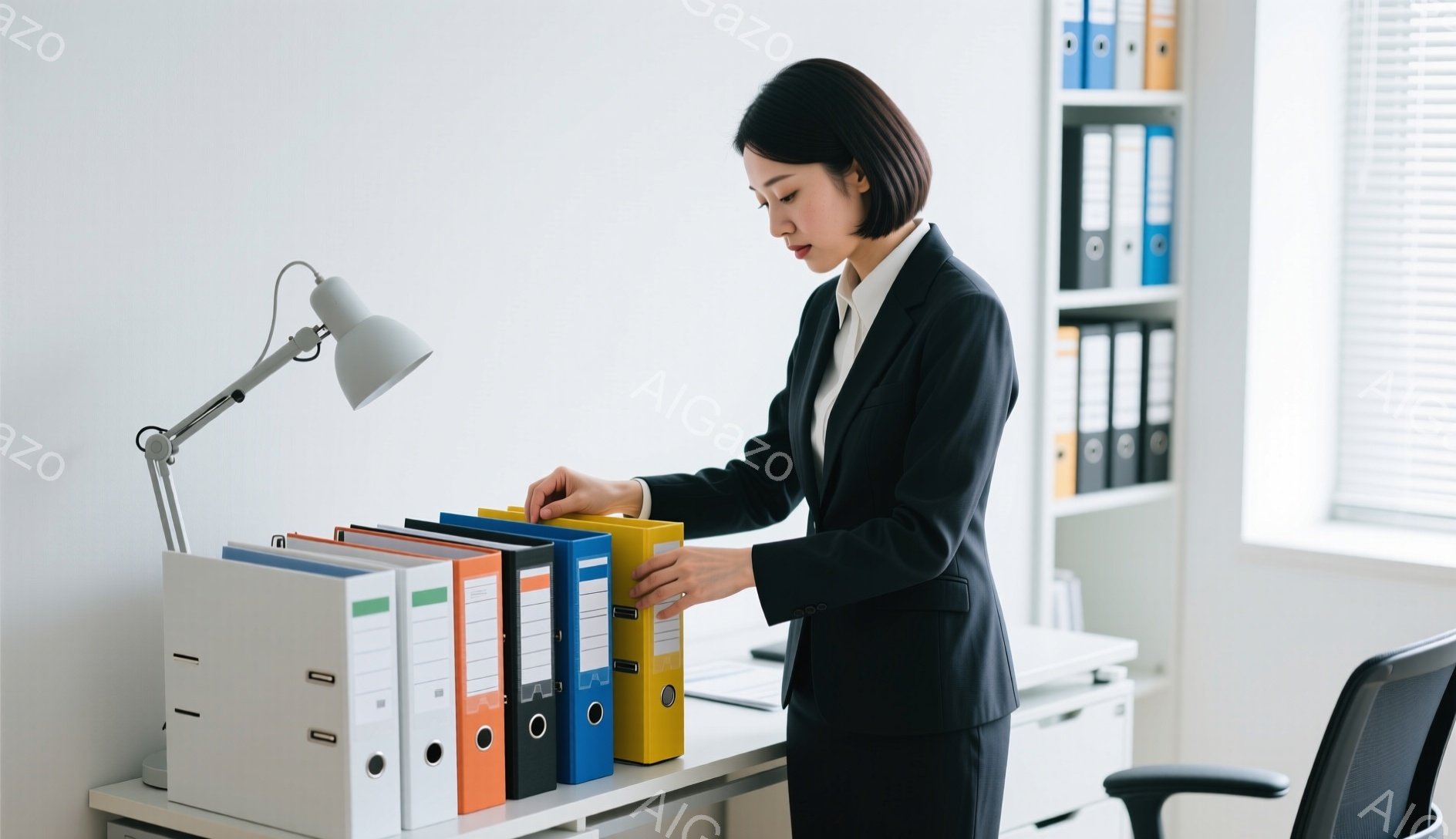 黒いジャケットと白いシャツを着た女性が、カラフルなファイルボックスを整理している。彼女は黒髪で、やや真剣な表情でファイルを見ている。背景には白いキャビネットとファイルが並び、オフィス内の静かで整然とした雰囲気が感じられる。