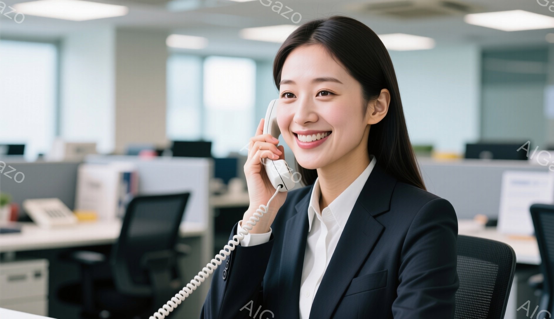 スーツに身を包んだ若い女性が電話を受けている。彼女は明るい笑顔を浮かべ、姿勢も良く、リラックスした様子が伺える。背景はオフィスで、多くのデスクやコンピューターが並び、活気のある職場環境を示している。