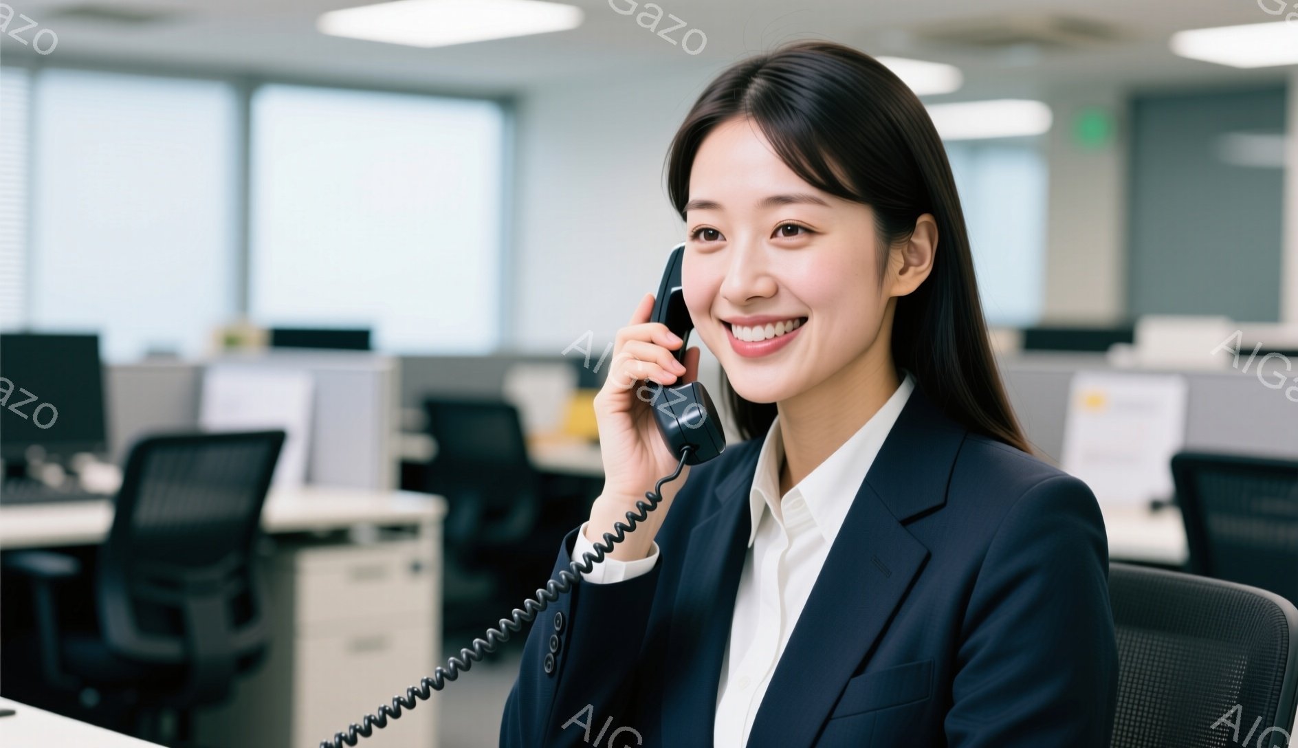 女性は紺色のジャケットと白いブラウスを着て、電話を受けて笑顔を見せています。彼女はオフィスに座っており、背景には他のデスクやコンピューターが見えます。全体的に明るく、プロフェッショナルな雰囲気です。