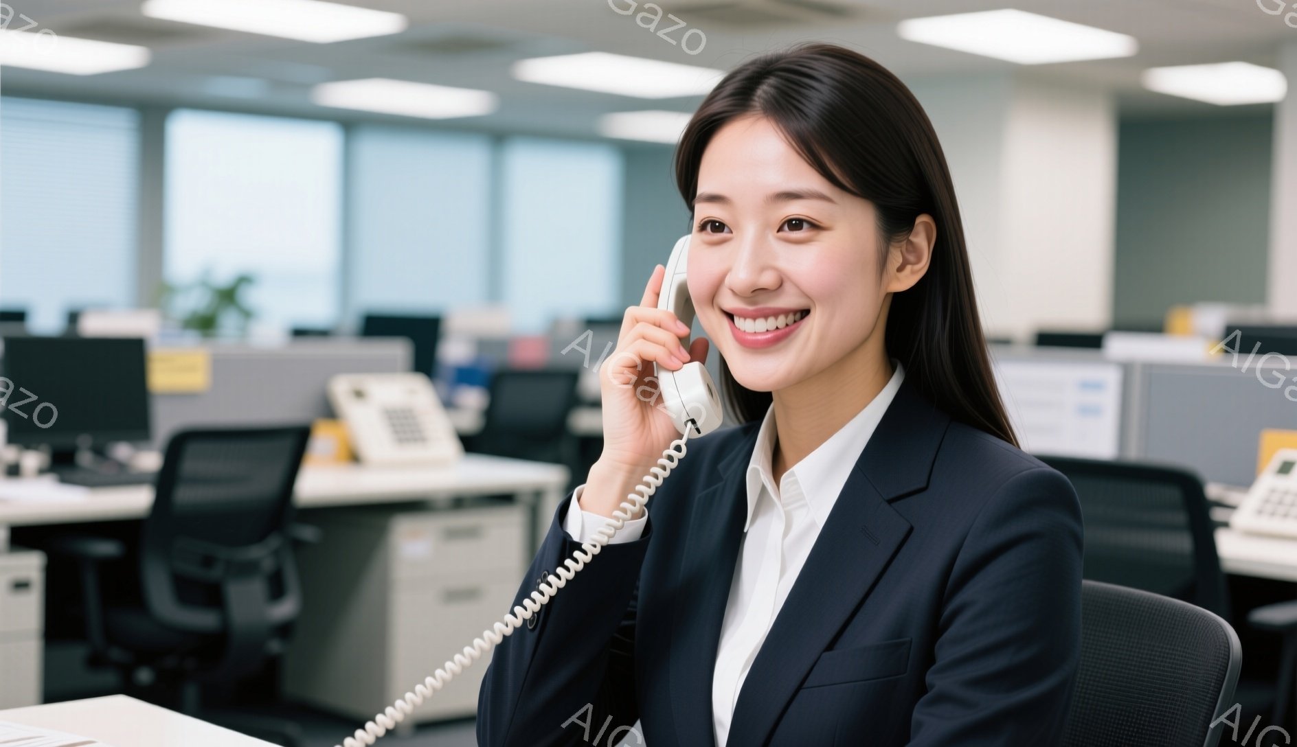 女性は紺色のスーツに白いシャツを着ており、笑顔で電話に出ています。彼女はオフィスチェアに座り、姿勢は良く、親しみやすい表情をしています。背景はオフィスで、多くのデスクとコンピューターが見え、全体的に明るく活気のある雰囲気です。