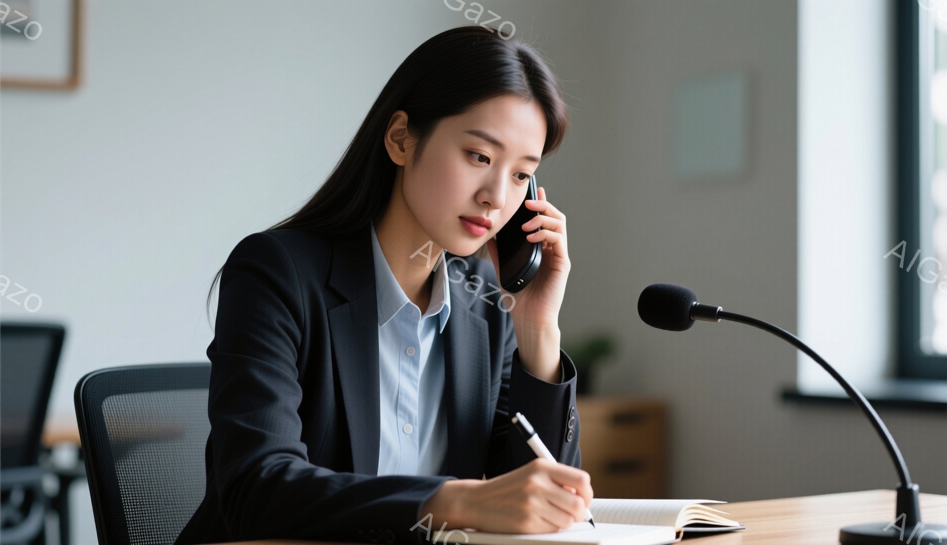 黒いジャケットと白いシャツを着た女性が電話をしながらメモを取っています。彼女は黒髪で、真剣な表情でペンを動かしています。背景には机、椅子、窓があり、オフィスのような静かでプロフェッショナルな雰囲気が漂っています。