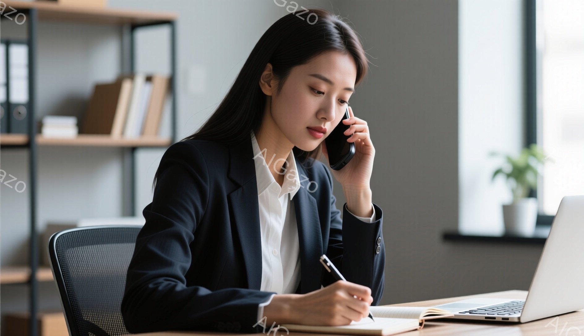黒いジャケットと白いシャツを着た若い女性が電話をしながらノートに書き込んでいます。彼女は椅子に座り、少し真剣な表情で、オフィスのような室内で仕事をしている様子です。背景には本棚と観葉植物があり、明るく清潔な雰囲気が漂っています。