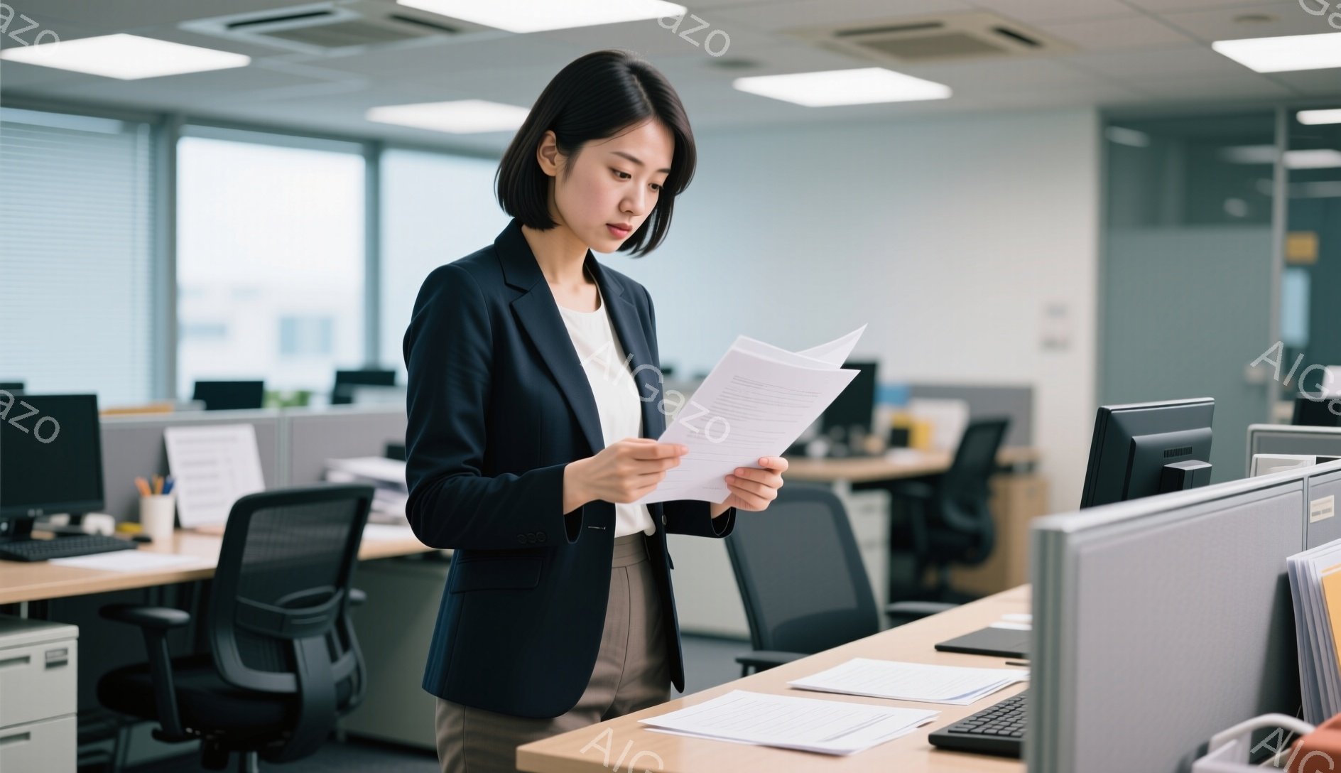 紺色のジャケットとベージュのパンツを着用した女性が、オフィスで書類を手に広げて読んでいます。彼女は黒髪のショートヘアで、真剣な表情で書類の内容を確認しているようです。背景にはオフィス内のデスクや椅子が見え、全体的に落ち着いた雰囲気の室内空間が広がっています。