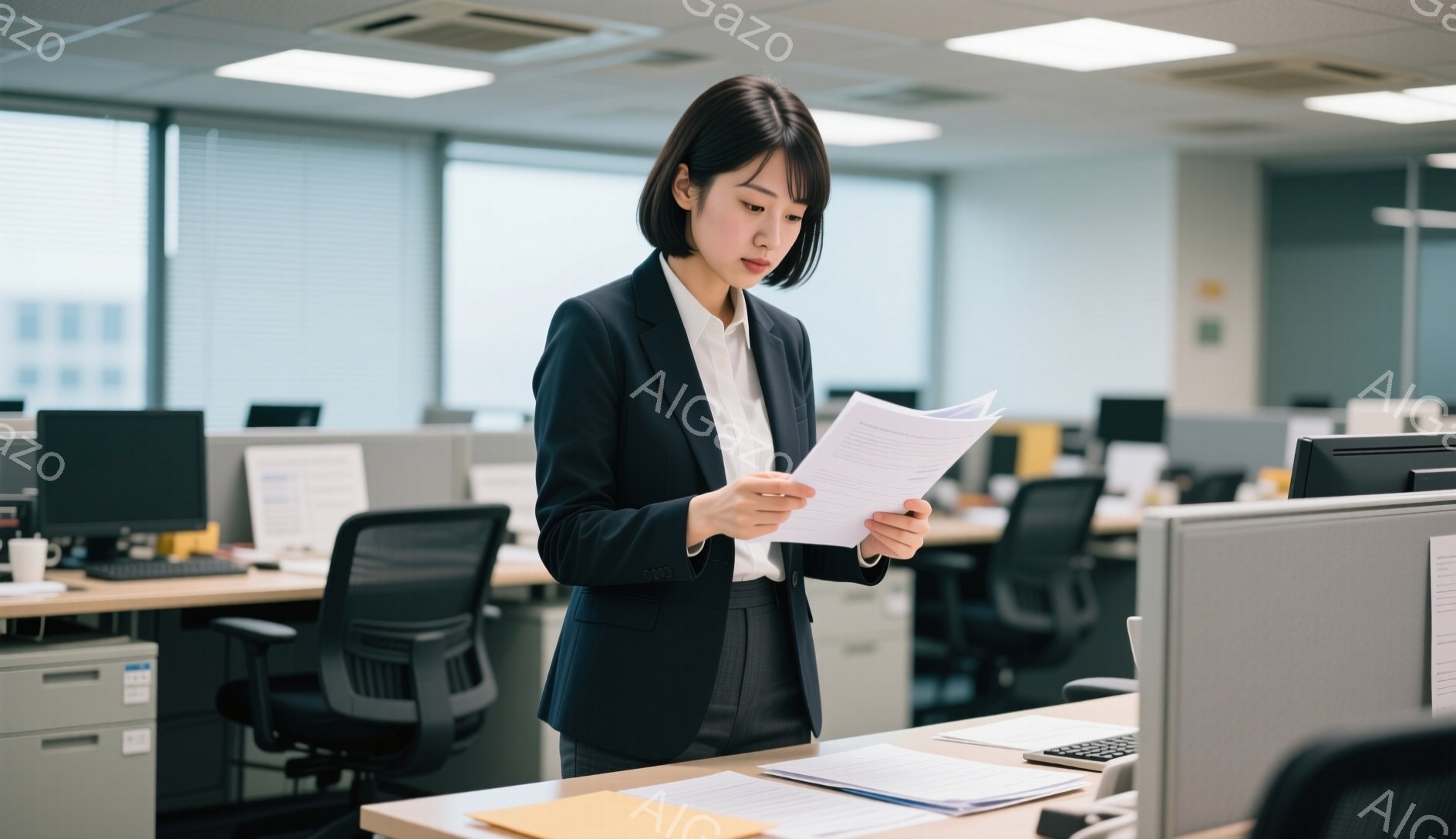 オフィスで、黒いスーツを着た女性が書類を手に立っている。彼女はダークブラウンのショートヘアで、真剣な表情で書類を見つめている。オフィスは整然としており、パソコンや書類が並んだデスクが連なっている。