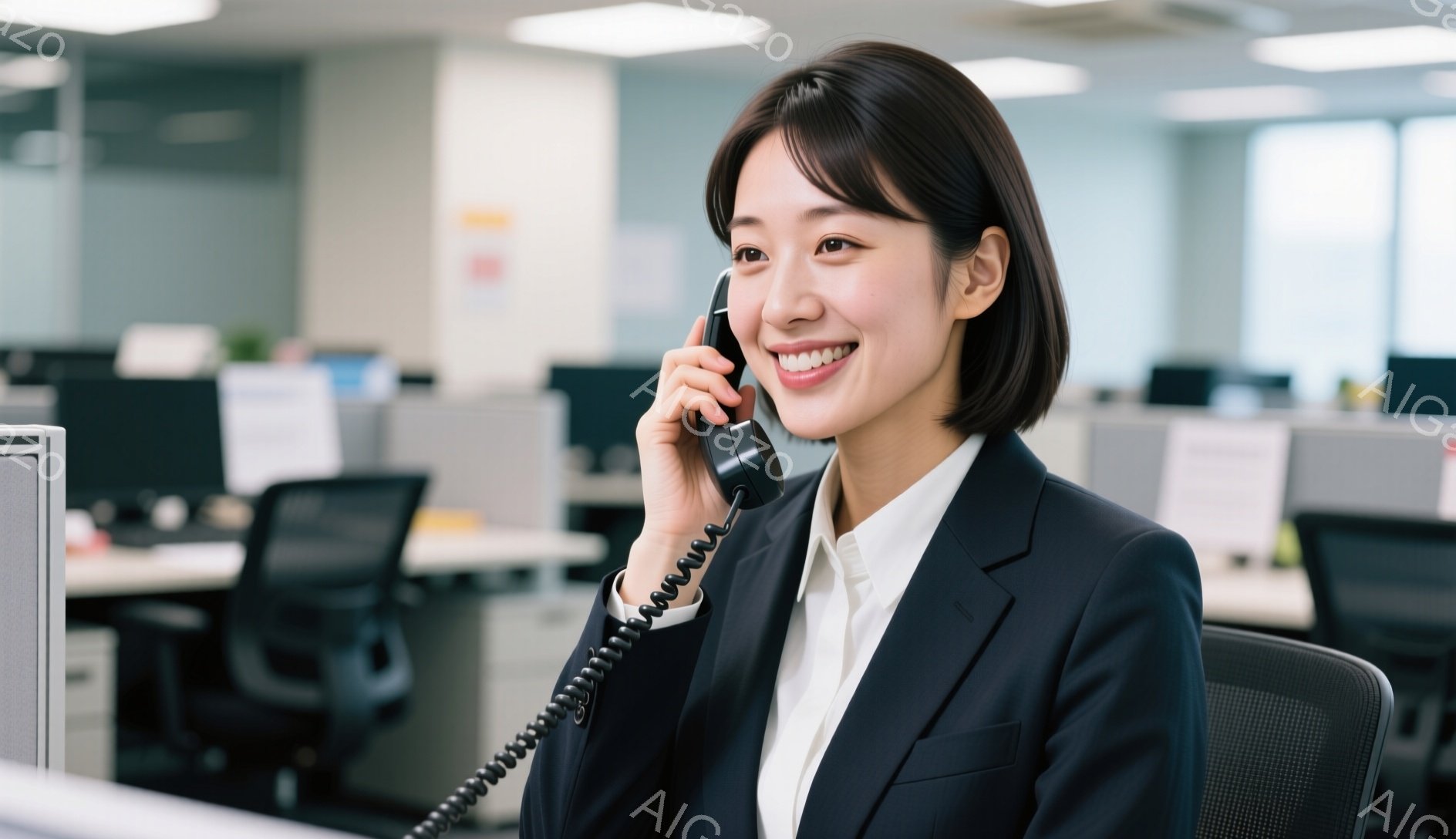 画像には、オフィスで電話に出ている若い女性が写っています。彼女は黒いジャケットと白いブラウスを着ており、笑顔で電話に向かって少し体を傾けています。背景には、他のデスクやオフィス機器が見え、明るく清潔なオフィス環境であることがわかります。