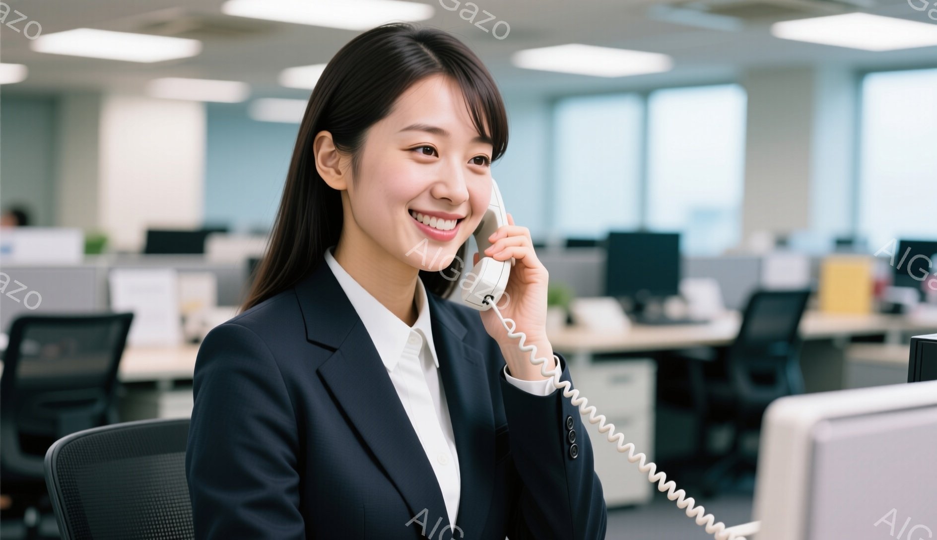 黒いスーツに身を包んだ女性が電話をしており、顔には明るい笑顔が浮かんでいます。彼女はオフィスチェアに座り、少し前かがみの姿勢で電話機を持っており、周囲には他の従業員やオフィス機器が見えます。背景は明るいオフィスで、窓から自然光が差し込み、全体的に活気のある雰囲気です。