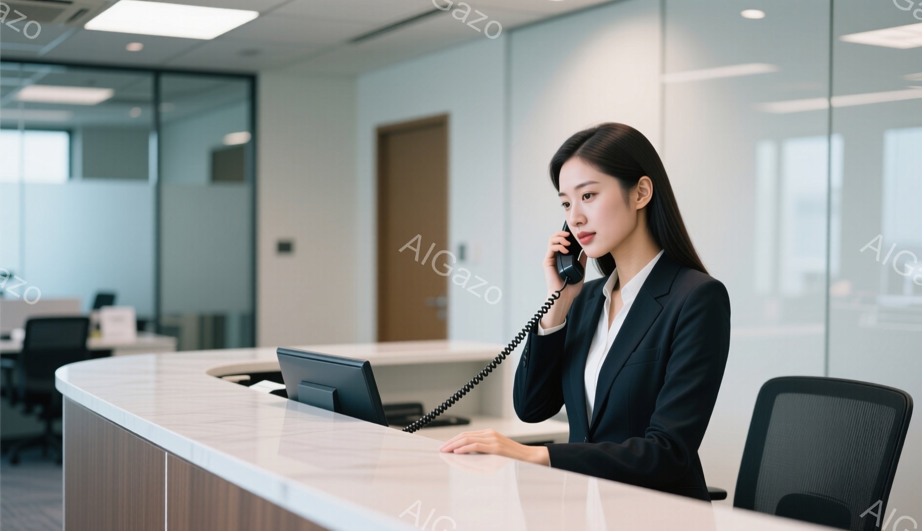 黒いスーツと白いブラウスを着用した女性が、受付カウンターの前で電話に出ています。彼女は髪を後ろにまとめ、真剣な表情で通話に集中しています。背景には、オフィススペースとガラス張りの壁があり、落ち着いたプロフェッショナルな雰囲気が漂っています。