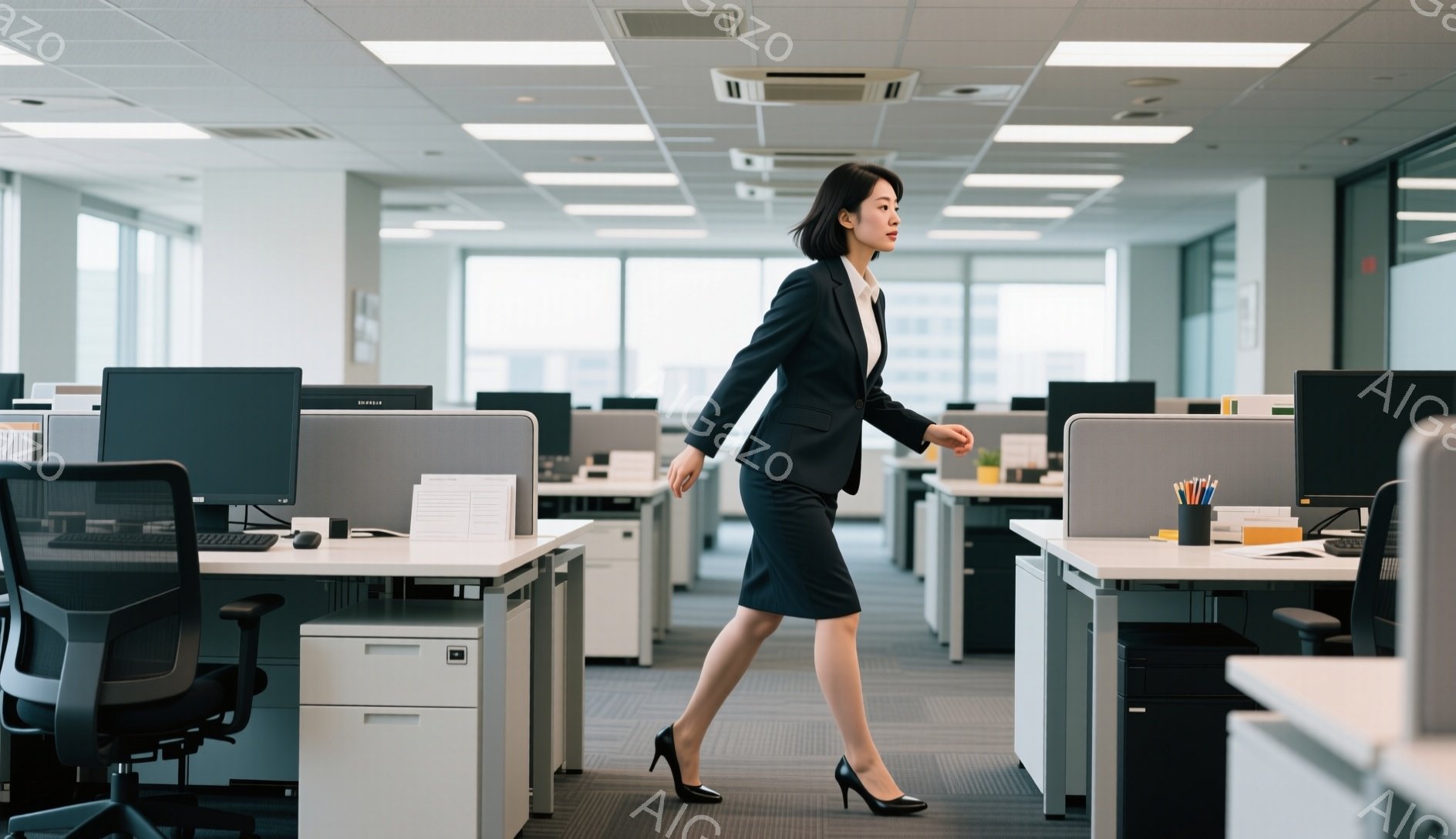 オフィス内で、黒いスーツと膝丈のスカートを着用した女性が歩いている。彼女はハイヒールを履いており、やや急ぎ足で前進している様子が見て取れる。背景は整然としたオフィス空間で、デスクやパソコンが並び、明るい自然光が差し込んでいる。
