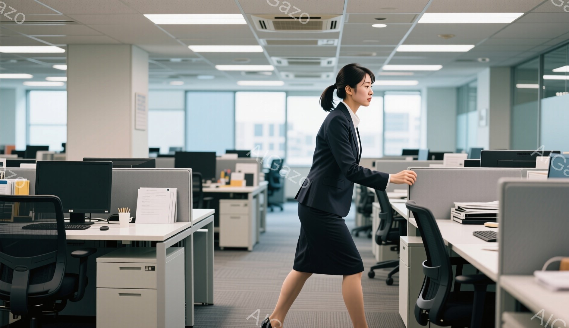 オフィス内に黒いスーツを着た女性が歩いている。彼女は足を高く上げて歩いており、少し急いでいるように見える。オフィスは整然としており、窓の外には高層ビルが見え、晴天の日の光が差し込んでいる。