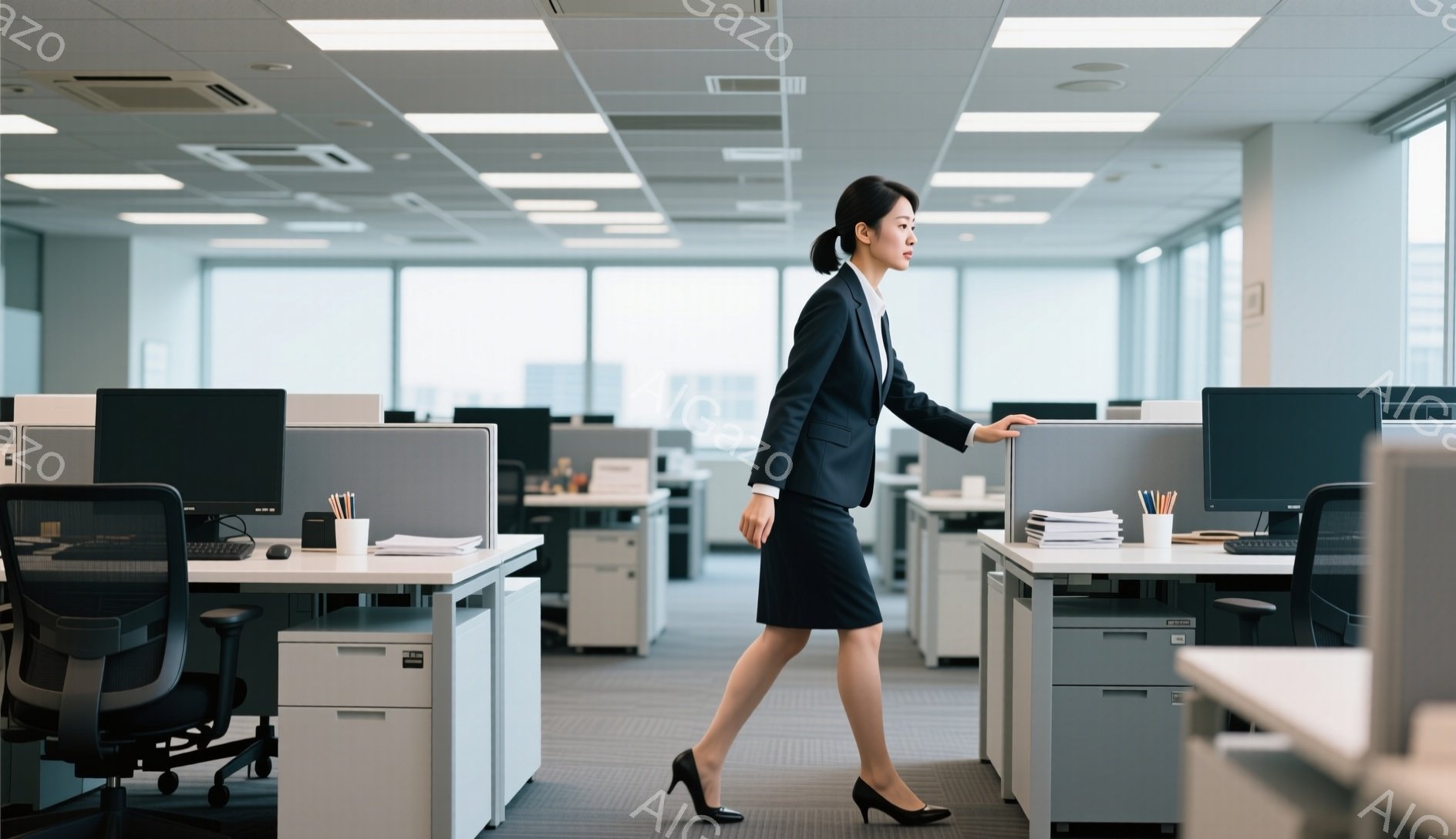 黒いスーツとスカートを着用した女性がオフィス内を歩いている。彼女はハイヒールを履き、髪は後ろでまとめられている。オフィスは整然としており、窓からは都市の風景が見え、全体的にプロフェッショナルで落ち着いた雰囲気である。
