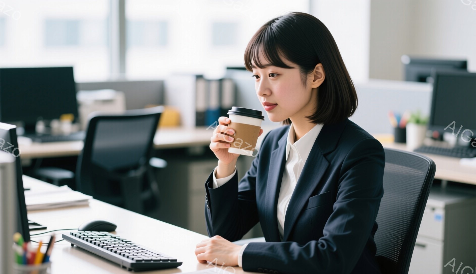オフィスに座っている女性は、黒いジャケットと白いシャツを着て、少し微笑んでいます。彼女は片手に紙コップを持ち、何かを考えながら遠くを見つめています。背景には他のオフィス家具や人々が見え、全体的に落ち着いた雰囲気です。