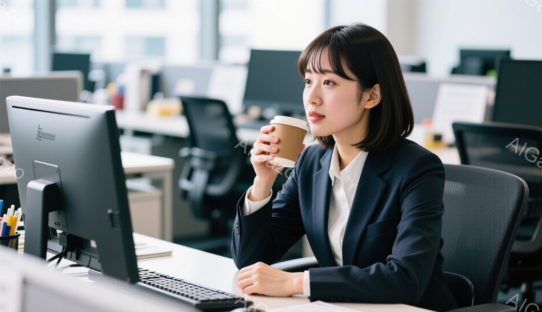 オフィスで働く女性が写っている。黒いジャケットと白いシャツを着て、コーヒーカップを手に持ち、少し微笑んでいる。背景には他のオフィスワーカーやデスクが並び、明るく清潔な雰囲気である。