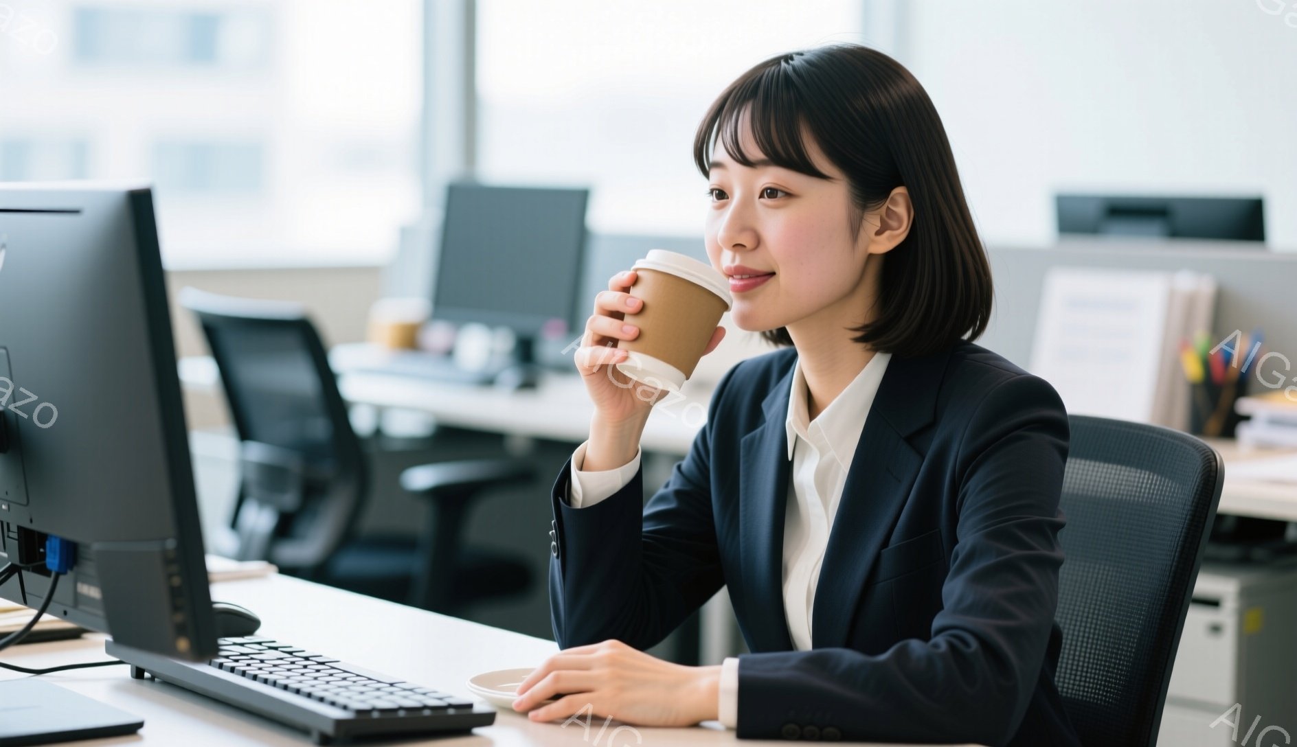 茶髪のショートヘアで、スーツ姿の女性がオフィスでコーヒーを飲んでいます。彼女は椅子に座り、わずかに微笑みながら、コンピューターの前に座っています。背景には他のオフィスワーカーやデスク、そしてオフィス内の光景がぼやけて見えます。