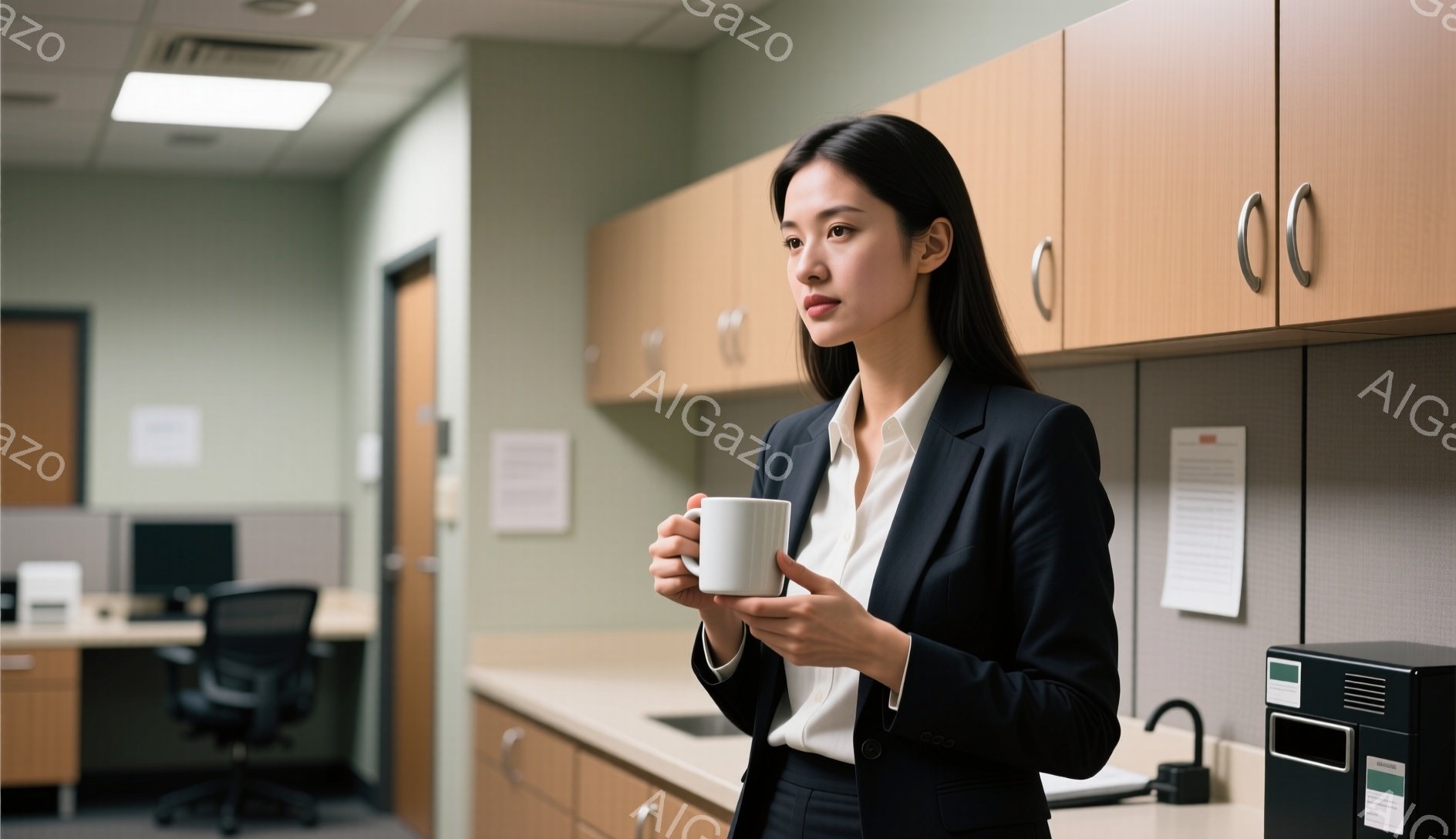 黒いスーツに白いブラウスを着た女性が、白いマグカップを手に持っている。彼女は少し思案顔で、どこかを見つめているようだ。背景はオフィスで、木製のキャビネットや事務机が見え、全体的に落ち着いた雰囲気である。