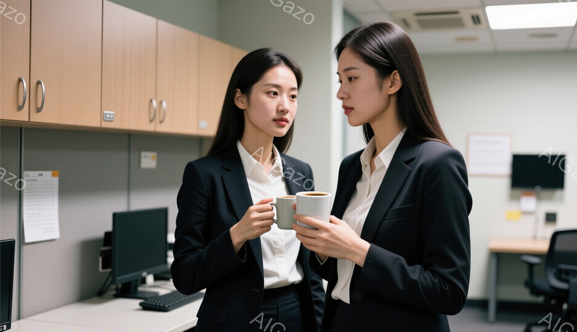 画像には、オフィスで二人の女性が写っています。彼女たちはどちらも白シャツに黒いジャケットとパンツスーツを着ており、片手にコーヒーカップを持っています。二人は顔を近づけて何か話し合っているようで、真剣な表情をしています。