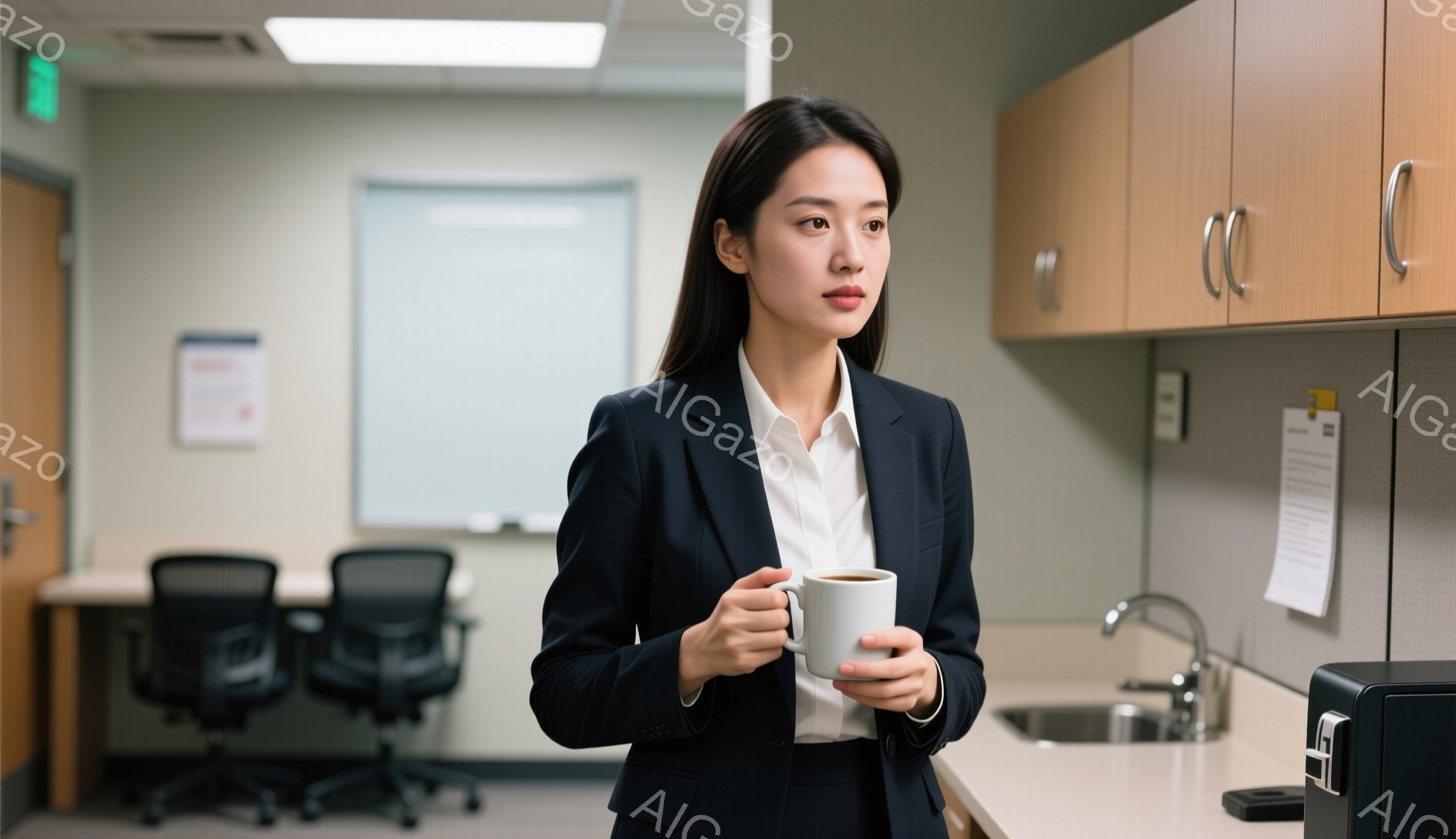 スーツを着た若い女性が、白いマグカップを手に持っており、何か考え込んでいるような表情をしています。背景にはオフィス内のキッチンや会議室の椅子が見え、清潔感のある明るい空間が広がっています。全体的に落ち着いた雰囲気で、仕事の休憩時間のような情景が想像できます。