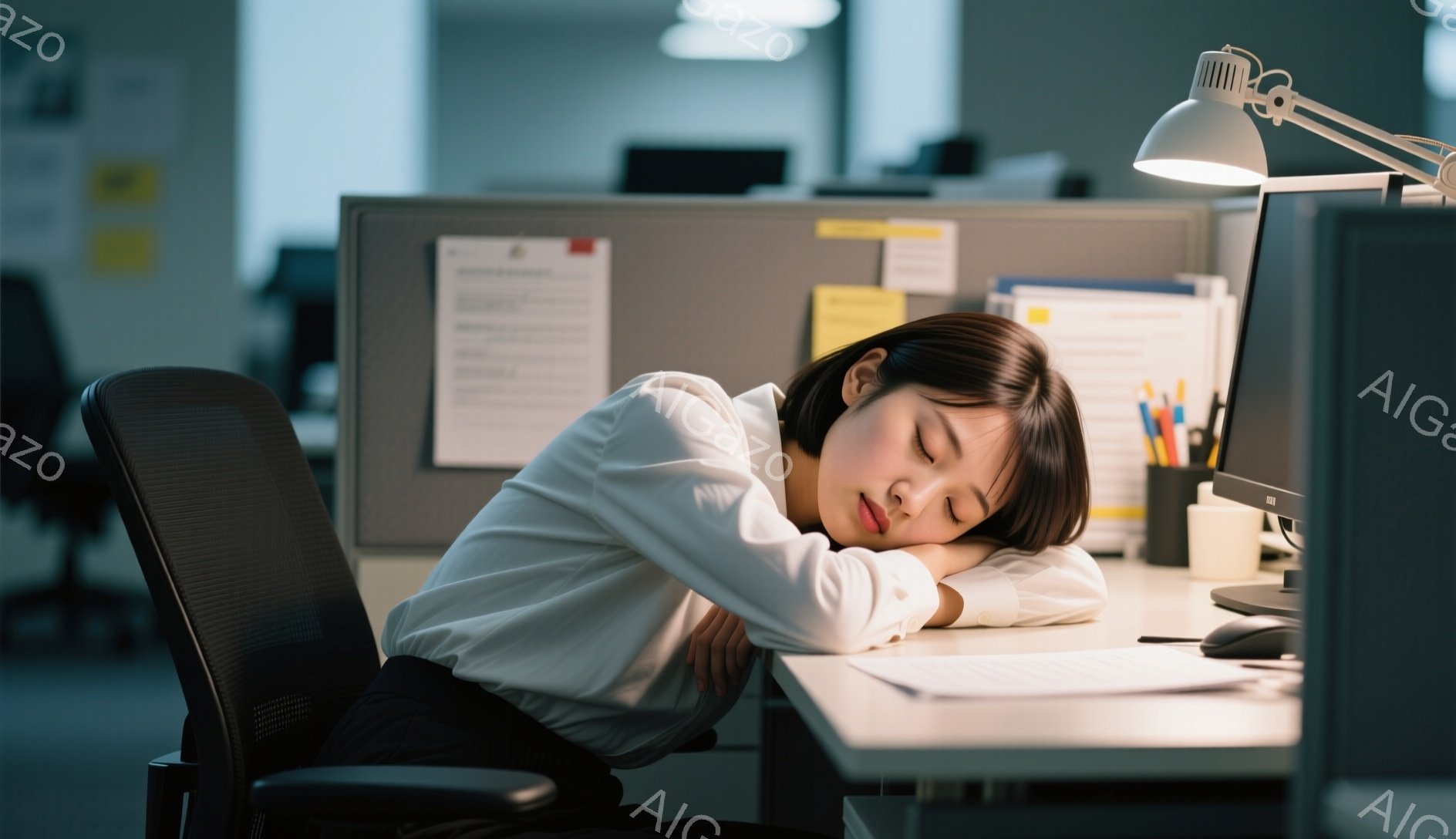 白いシャツと黒いズボンを着用した若い女性が、オフィスで机に突っ伏して眠っています。彼女は暗い髪を肩まで伸ばし、疲れた表情で目を閉じています。背景には、灰色のオフィスパーテーションと、デスク上のペンや書類が見え、全体的に夜遅くまたは疲労困憊した雰囲気が漂っています。