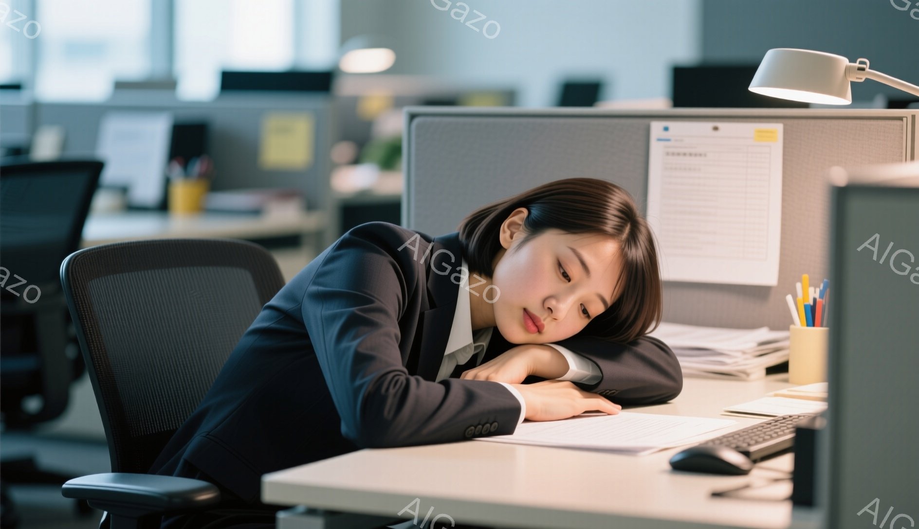 女性はオフィスで、デスクに肘をついて顔を伏せています。黒いスーツとストレートの黒髪で、疲れた表情をしています。背後にはオフィス内のパーティションや、書類、文房具が写っており、疲弊したオフィスワーカーの日常を表しています。