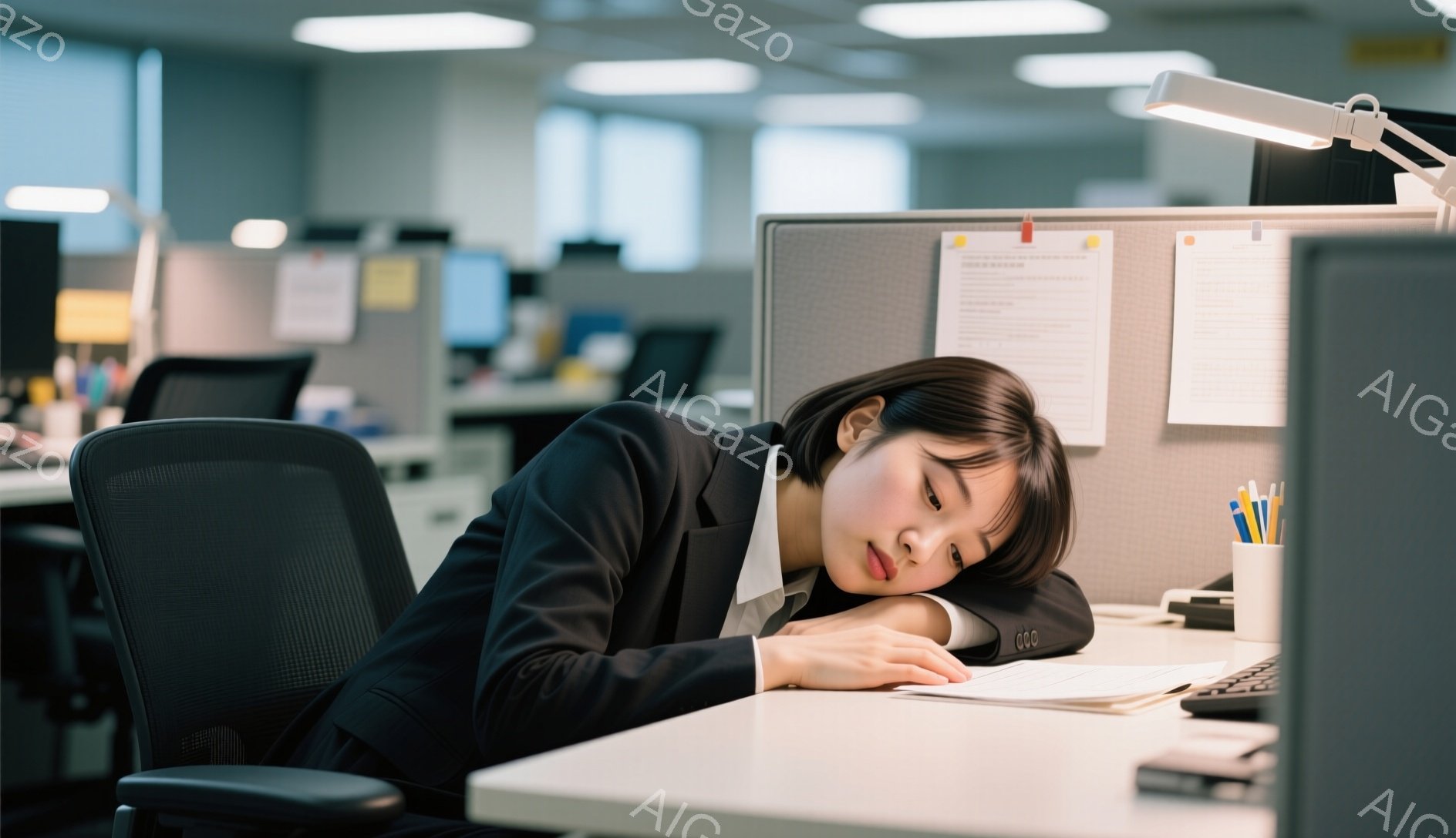黒いスーツを着た若い女性が、オフィスでデスクに突っ伏している。彼女は肩を落とし、片手を頬にあてて疲労困憊した表情をしている。背景には他のオフィスワーカーや灰色のパーティション、そしてメモなどが貼られた壁が見え、全体的に疲れた雰囲気の職場を表している。