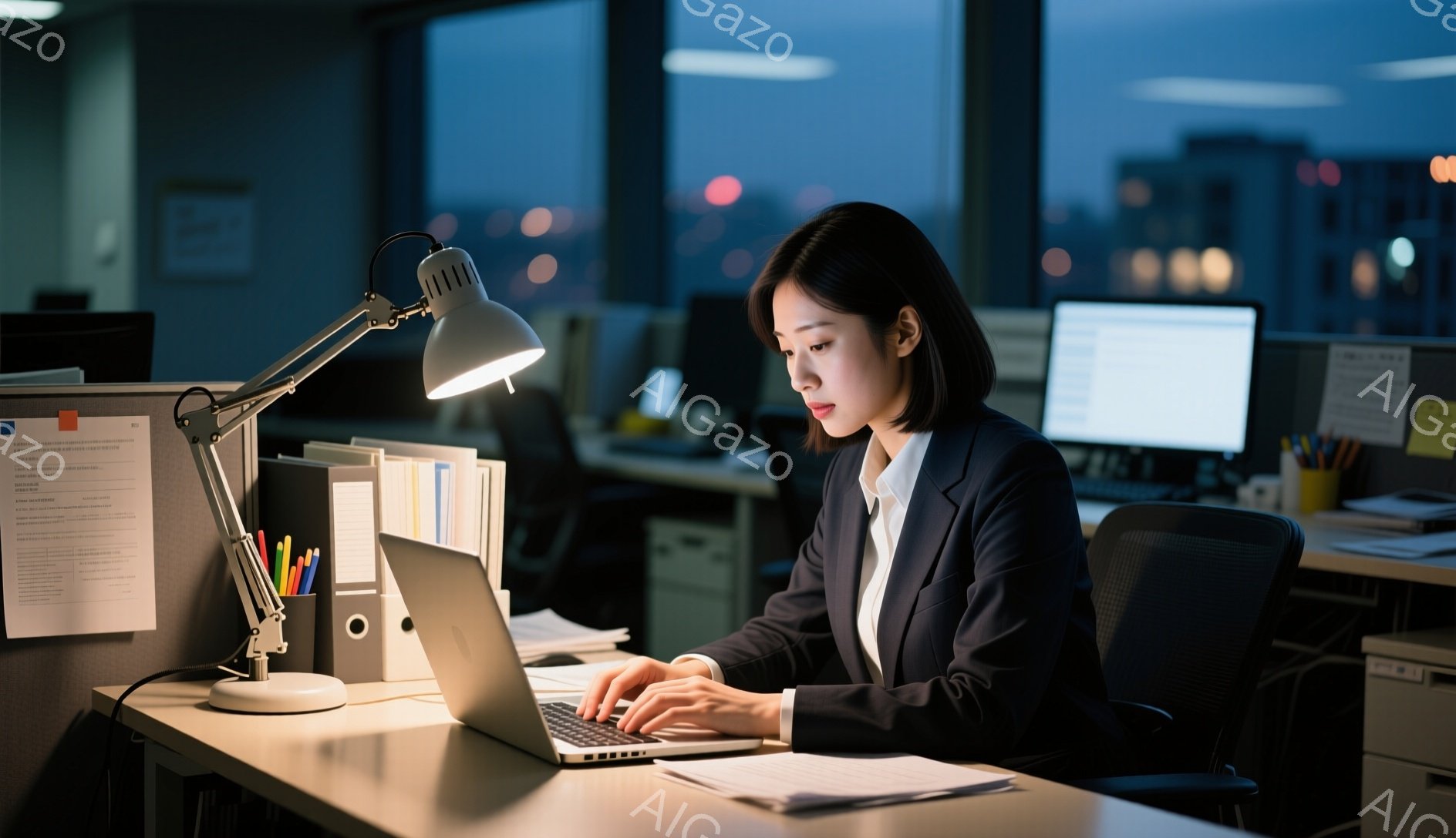 一人の女性がオフィスでパソコンに向かっています。彼女は黒いジャケットと白いシャツを着ており、短めの黒髪です。夜景を背景に、集中した表情でタイピングをしており、デスクには書類やペンが散らばっています。