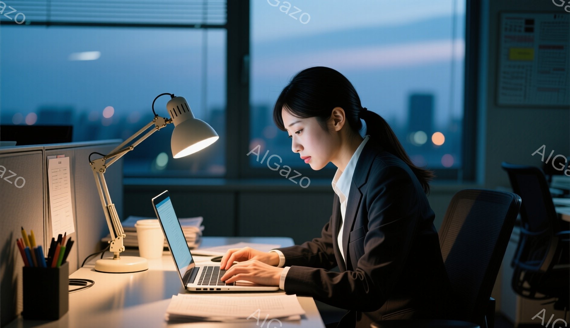 女性はオフィスでノートパソコンに向かって作業しています。彼女は黒いスーツを着ており、髪は後ろで一つに結ばれています。窓の外には夜景が広がり、彼女の顔はパソコンの光で照らされています。