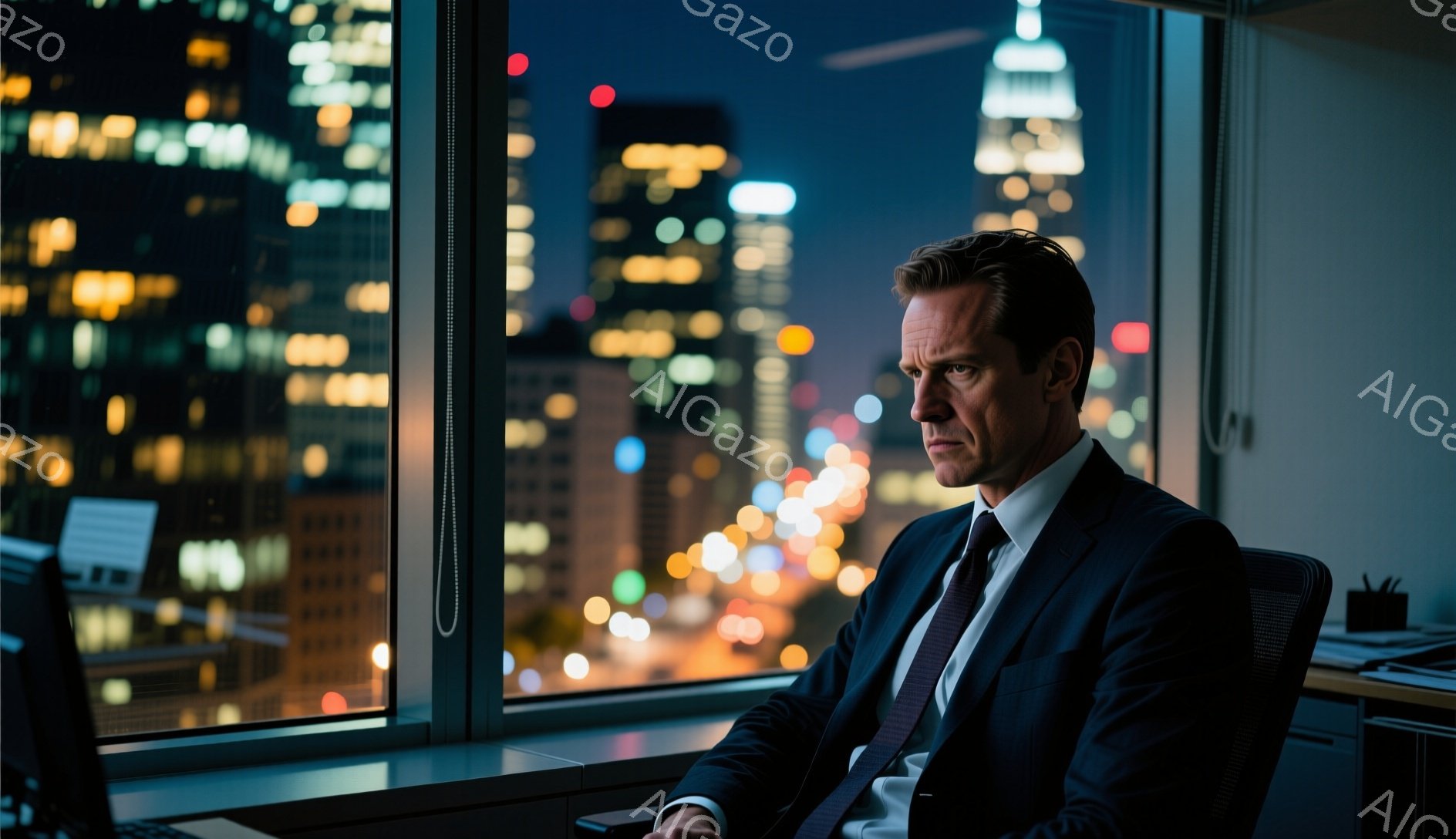 スーツと白シャツを着た男性が、夜景を見下ろすオフィスに座っている。彼は少し疲れた表情で、窓の外の光を見つめている。背景には、きらびやかな都市の夜景が広がり、高層ビルが点在している。