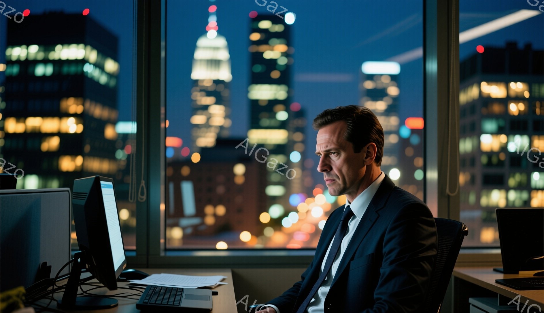 紺色のスーツにネクタイを締め、短く刈り込んだ髪の男性がパソコンに向かっています。彼は少し疲れた表情で、モニターを見つめ、集中して作業しているようです。背景には夜景が広がり、高層ビル群が光り輝き、都会の喧騒と静寂が混ざり合った雰囲気です。