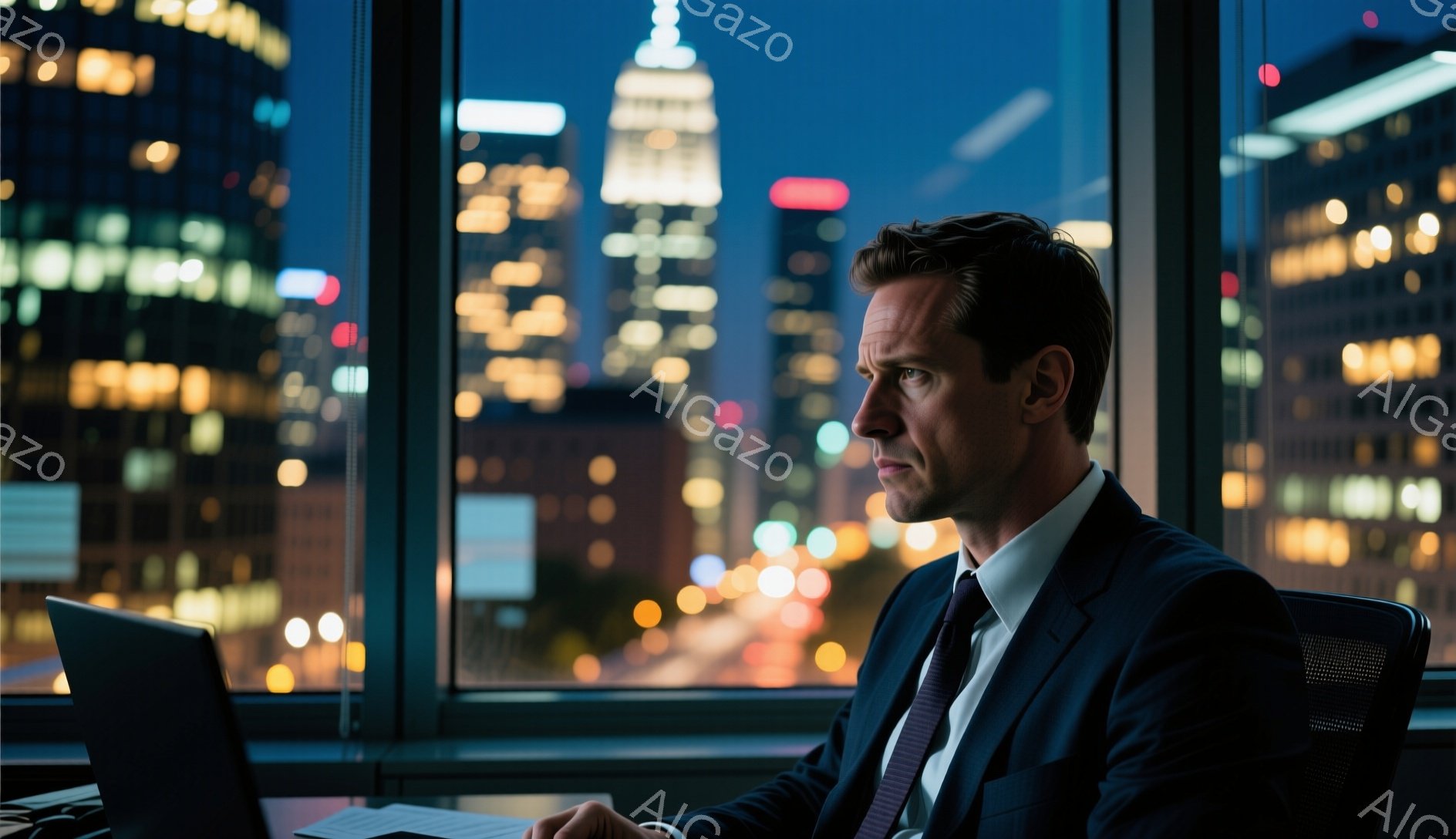スーツ姿の男性が、夜景を背景にラップトップパソコンに向かっている。彼はダークカラーのスーツにネクタイを締め、髪は短く整えられ、真剣な表情でキーボードを見つめている。窓の外には、高層ビル群が光り輝き、都市の夜景が広がっている。